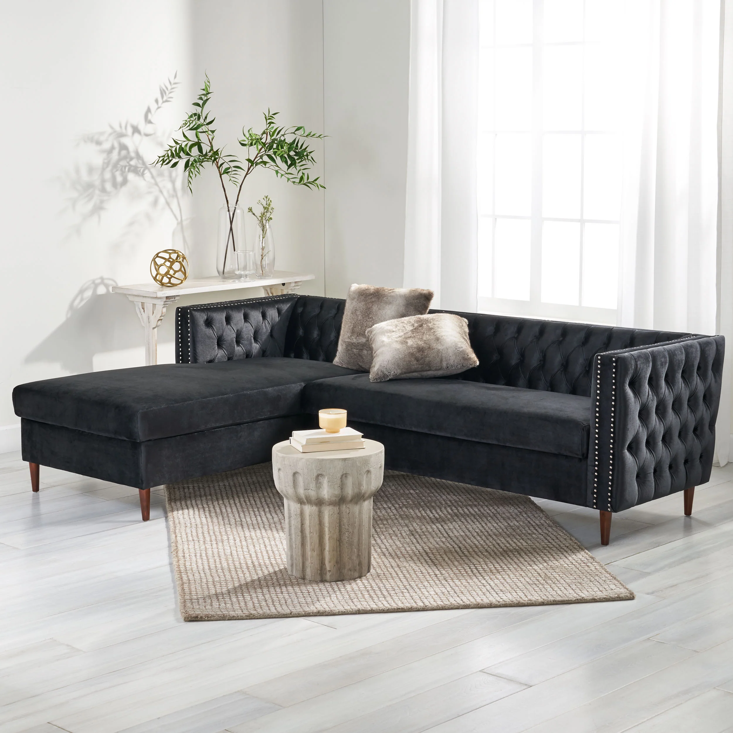 Jephthah Contemporary Tufted Velvet Sectional Sofa with Storage Chaise Lounge - furnishings