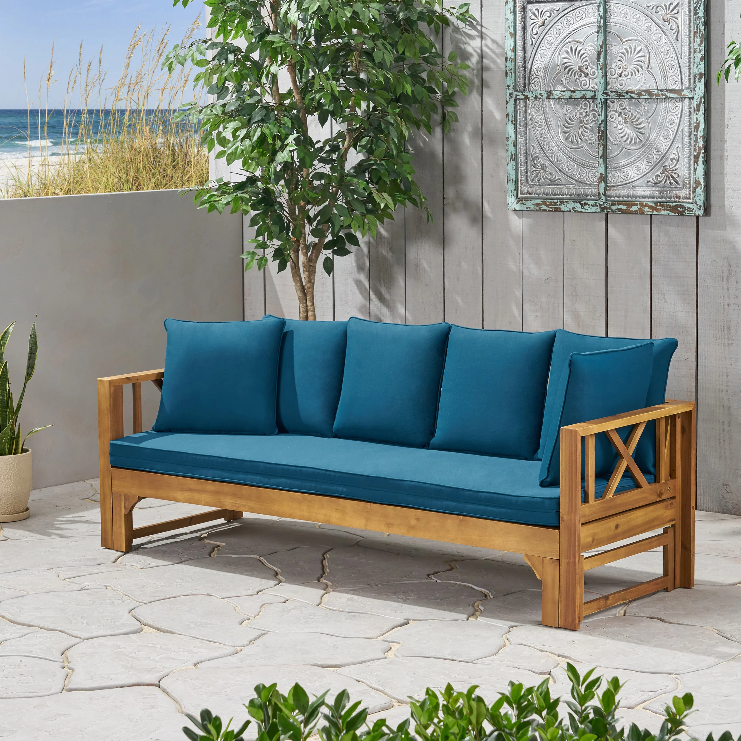 Camille Outdoor Extendable Acacia Wood Daybed Sofa - furnishings