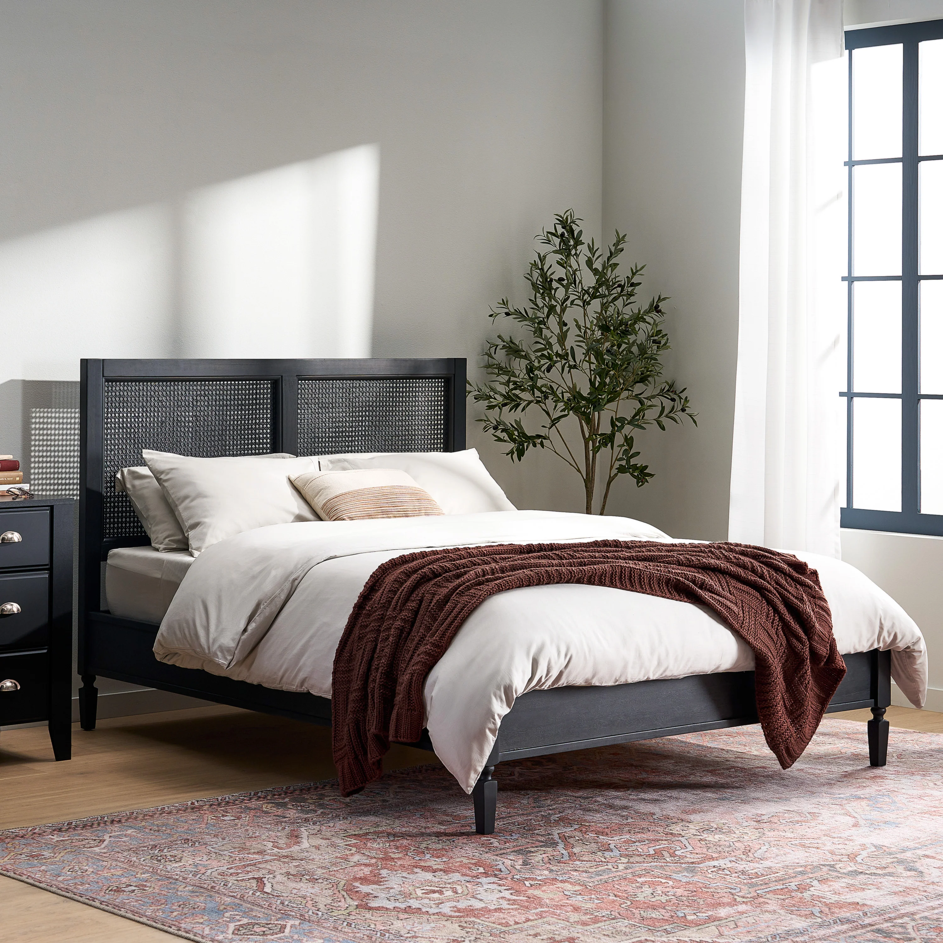 Mathena Rustic Acacia Wood and Rattan Queen Bed, Dark Gray - furnishings