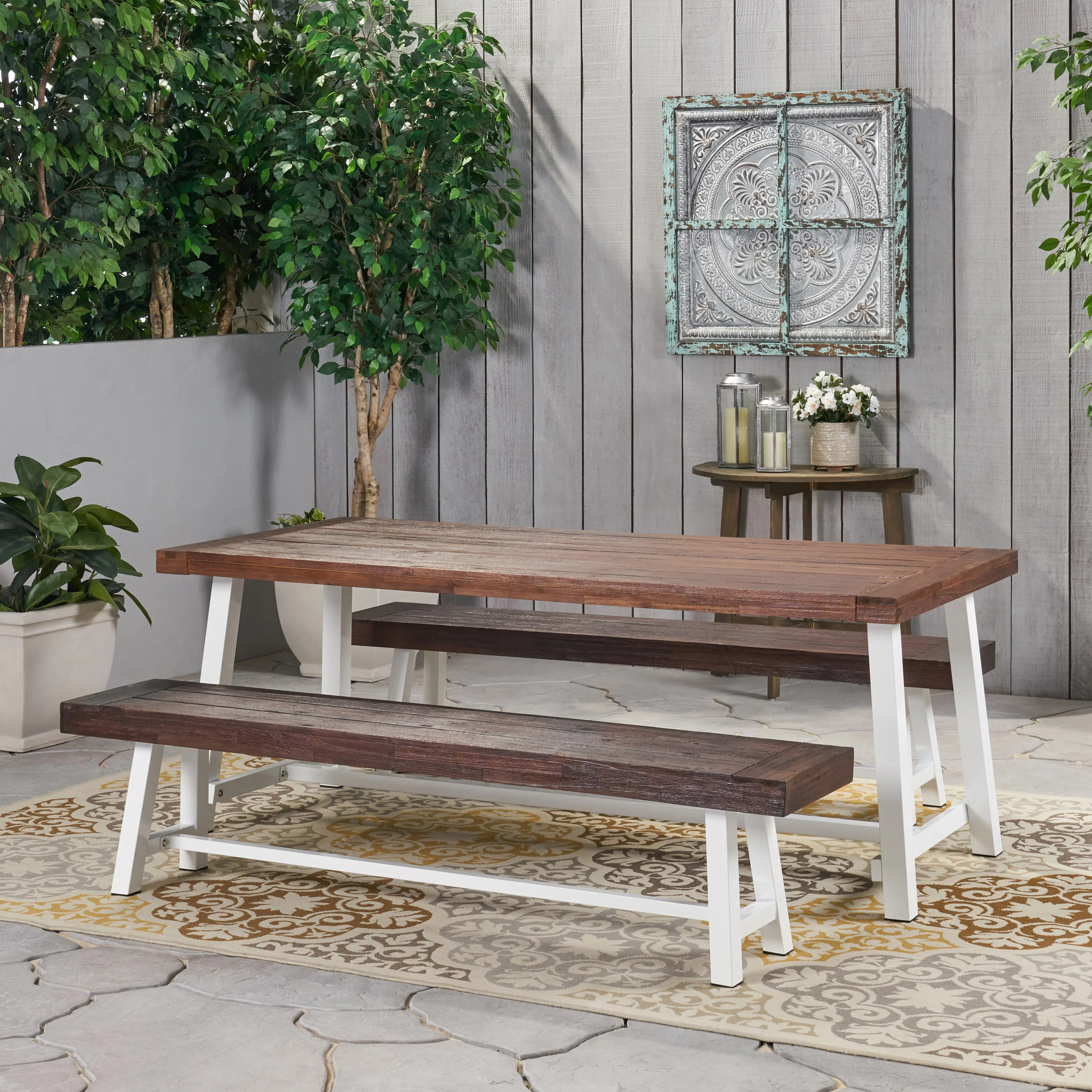 Bowman Farmhouse Outdoor Acacia Wood Picnic Dining Set - furnishings