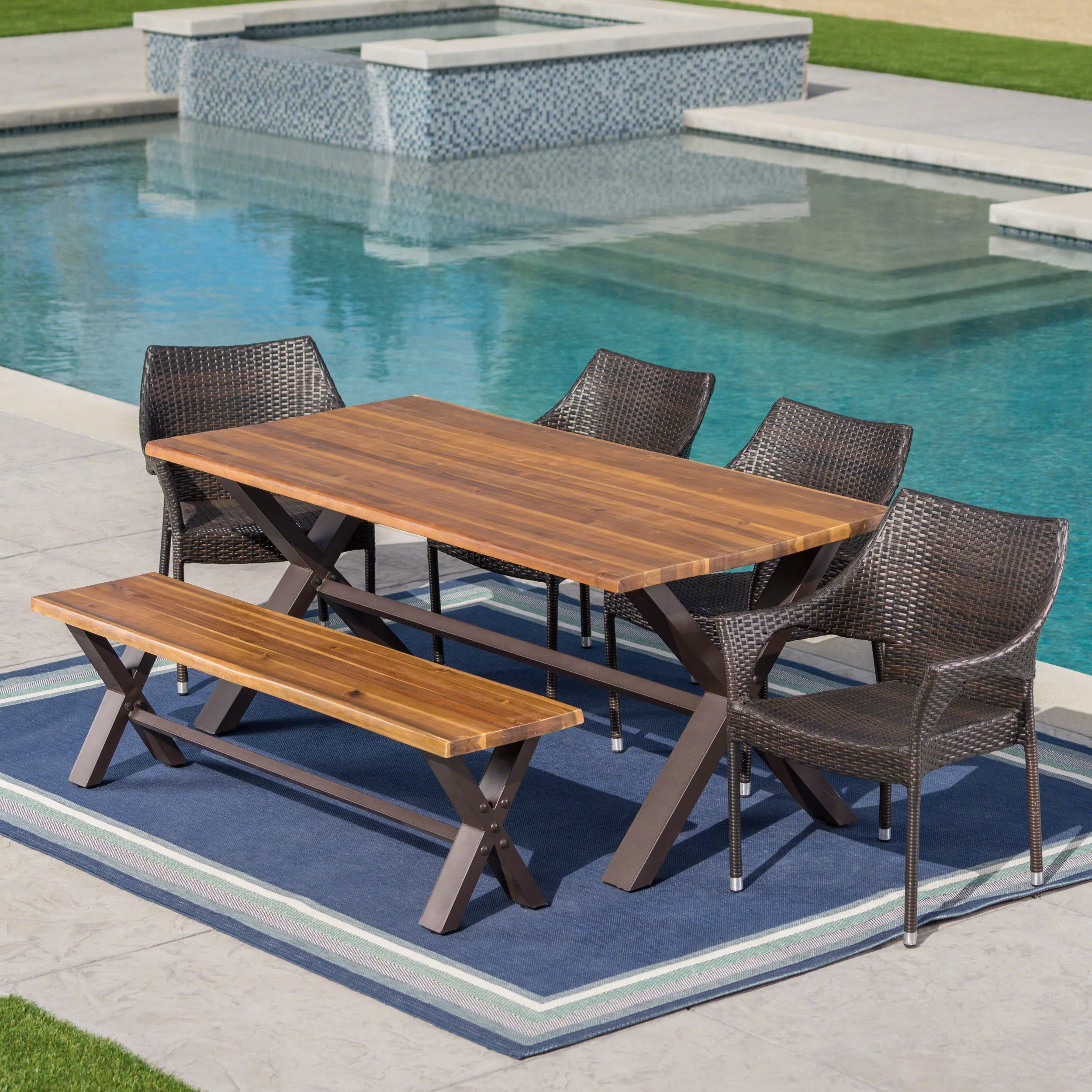 Lakeside Outdoor 6 Piece Acacia Wood Dining Set with Wicker Stacking Chairs - furnishings