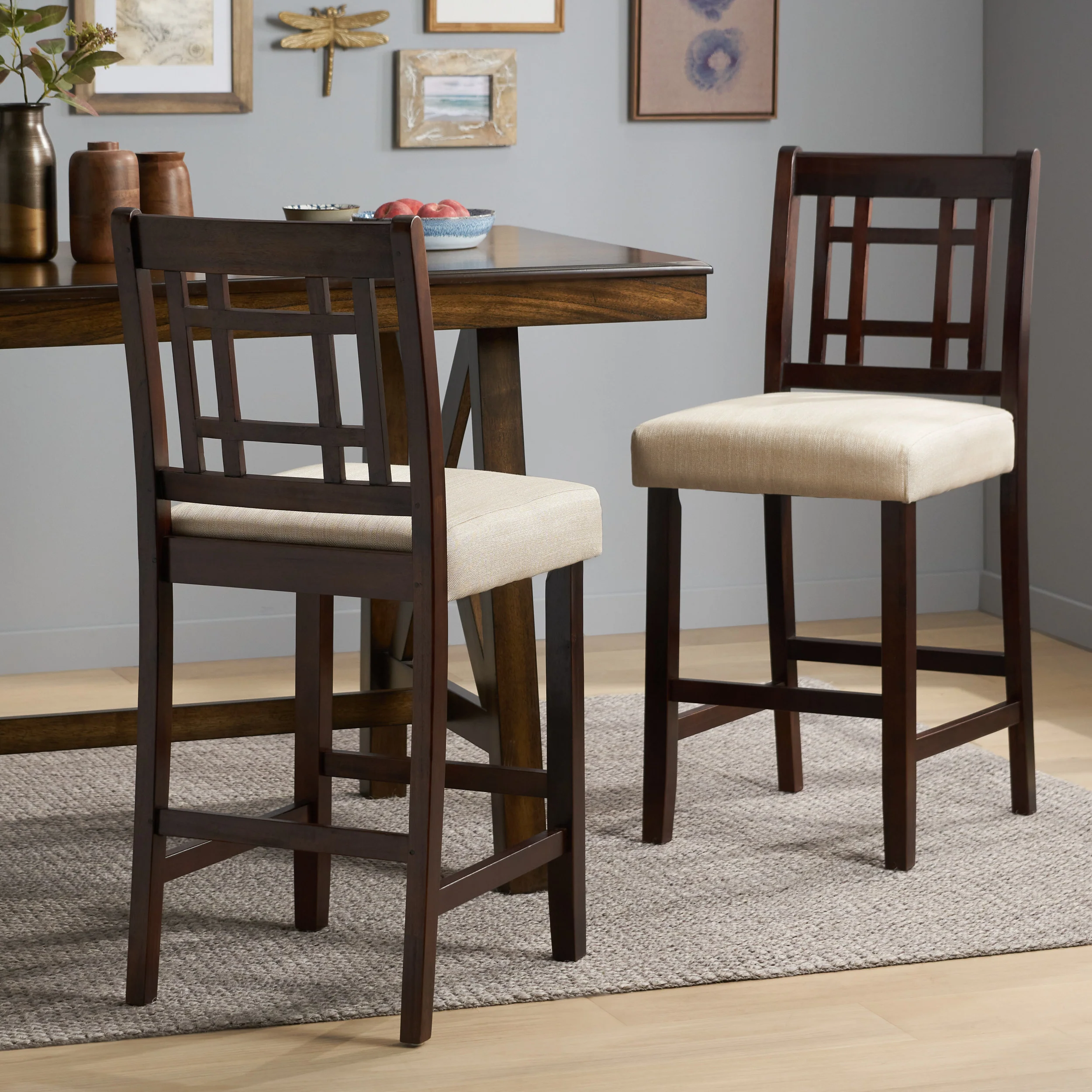 Etodens 26-Inch Brown Mahogany Acacia Counterstool with Beige Cushion (Set of 2) - furnishings