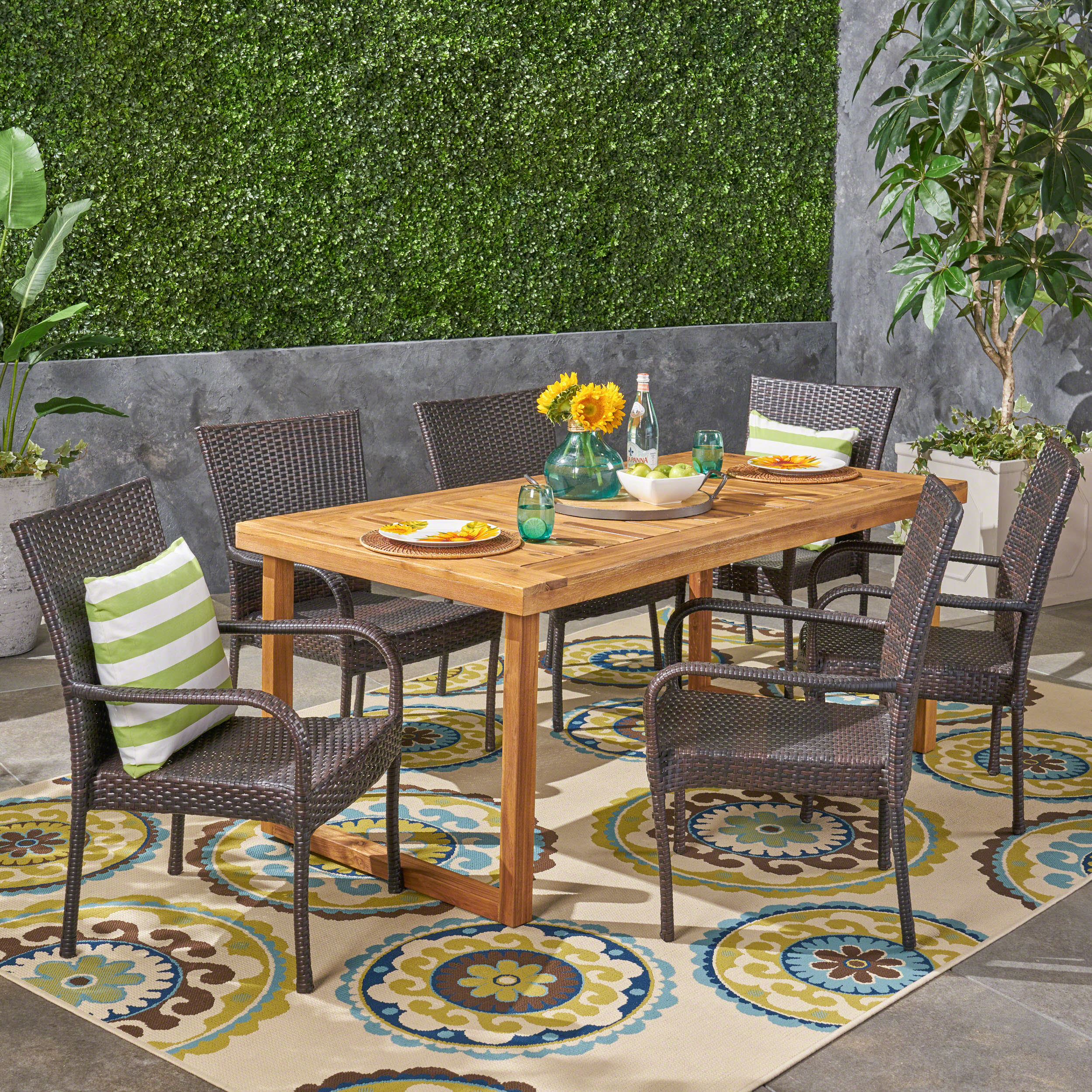 Louis Outdoor 7 Piece Acacia Wood Dining Set with Stacking Wicker Chairs - furnishings