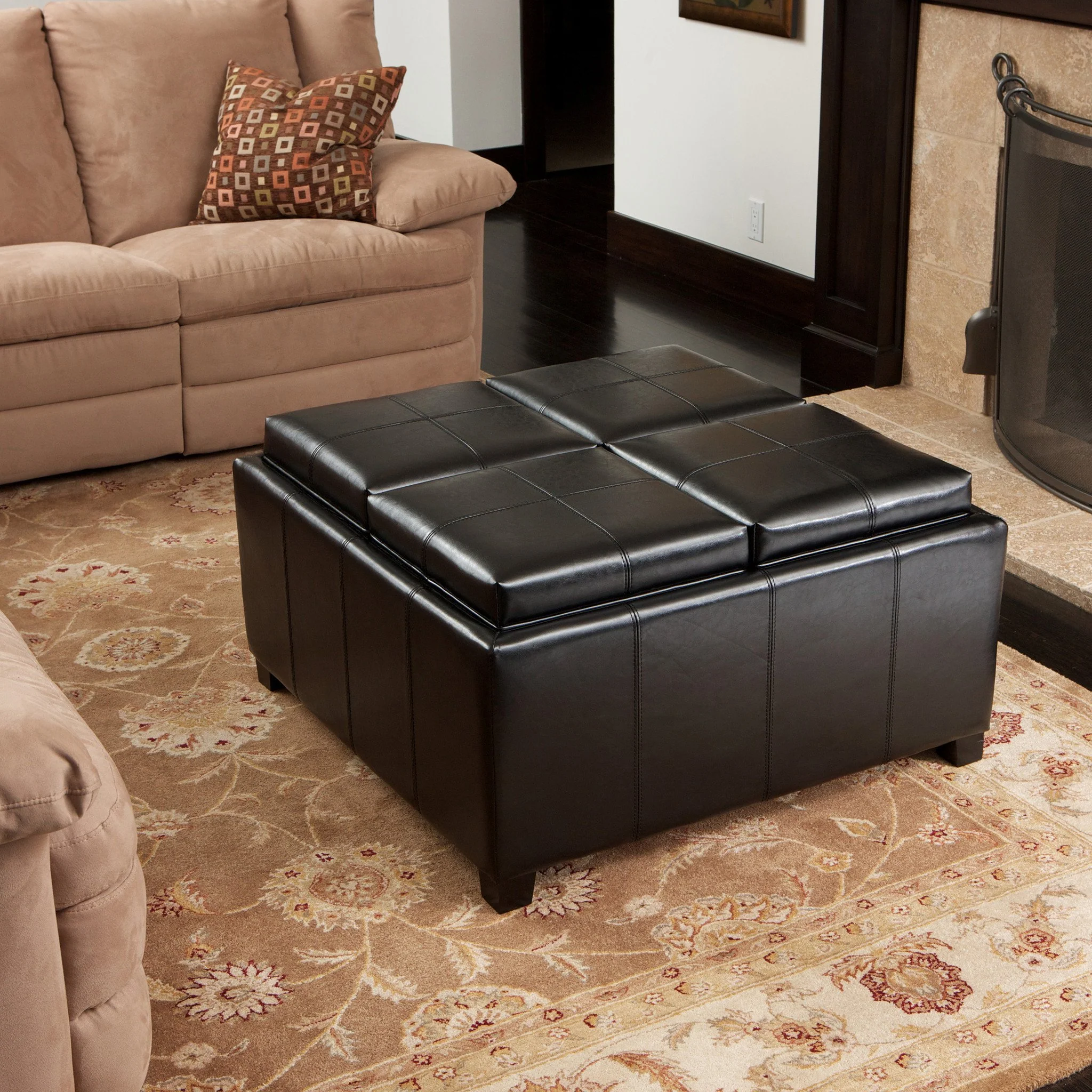 Harley Leather 4-Tray-Top Storage Ottoman Coffee Table - furnishings