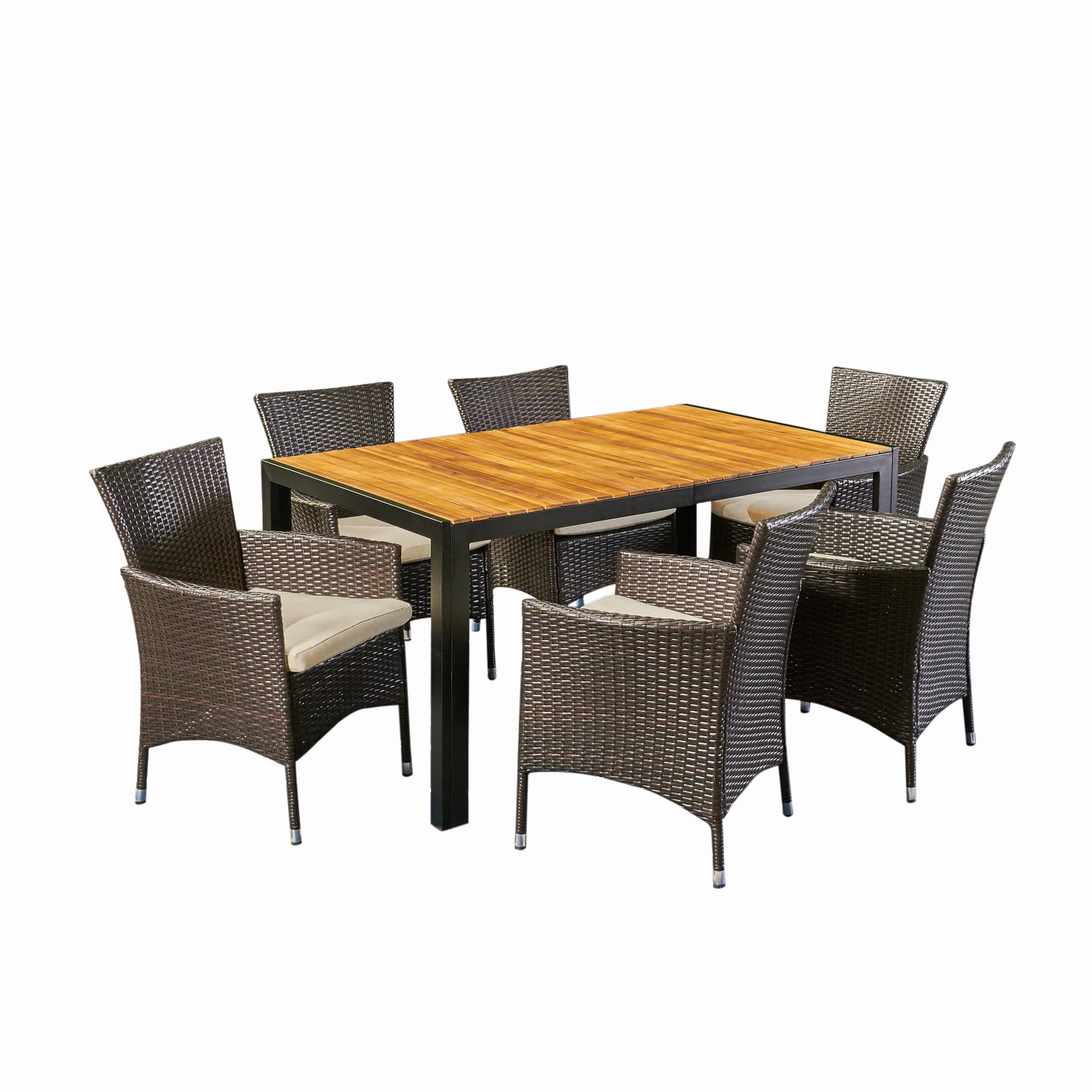 Julia Outdoor 6-Seater Rectangular Acacia Wood and Wicker Dining Set, Teak with Black and Multi Brown with Beige - furnishings