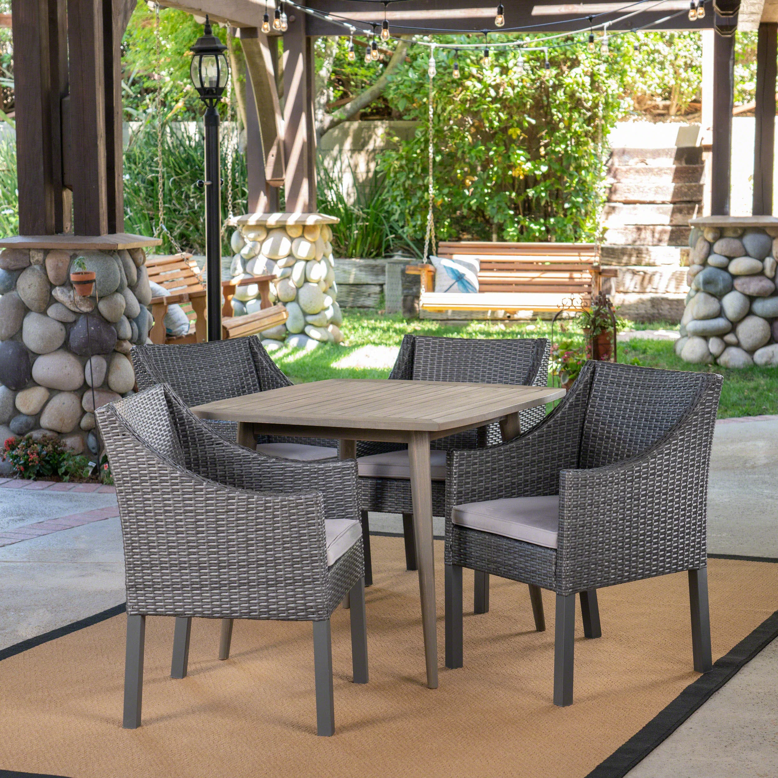 Keen Outdoor 5 Piece Wood and Wicker Dining Set, Gray and Gray - furnishings