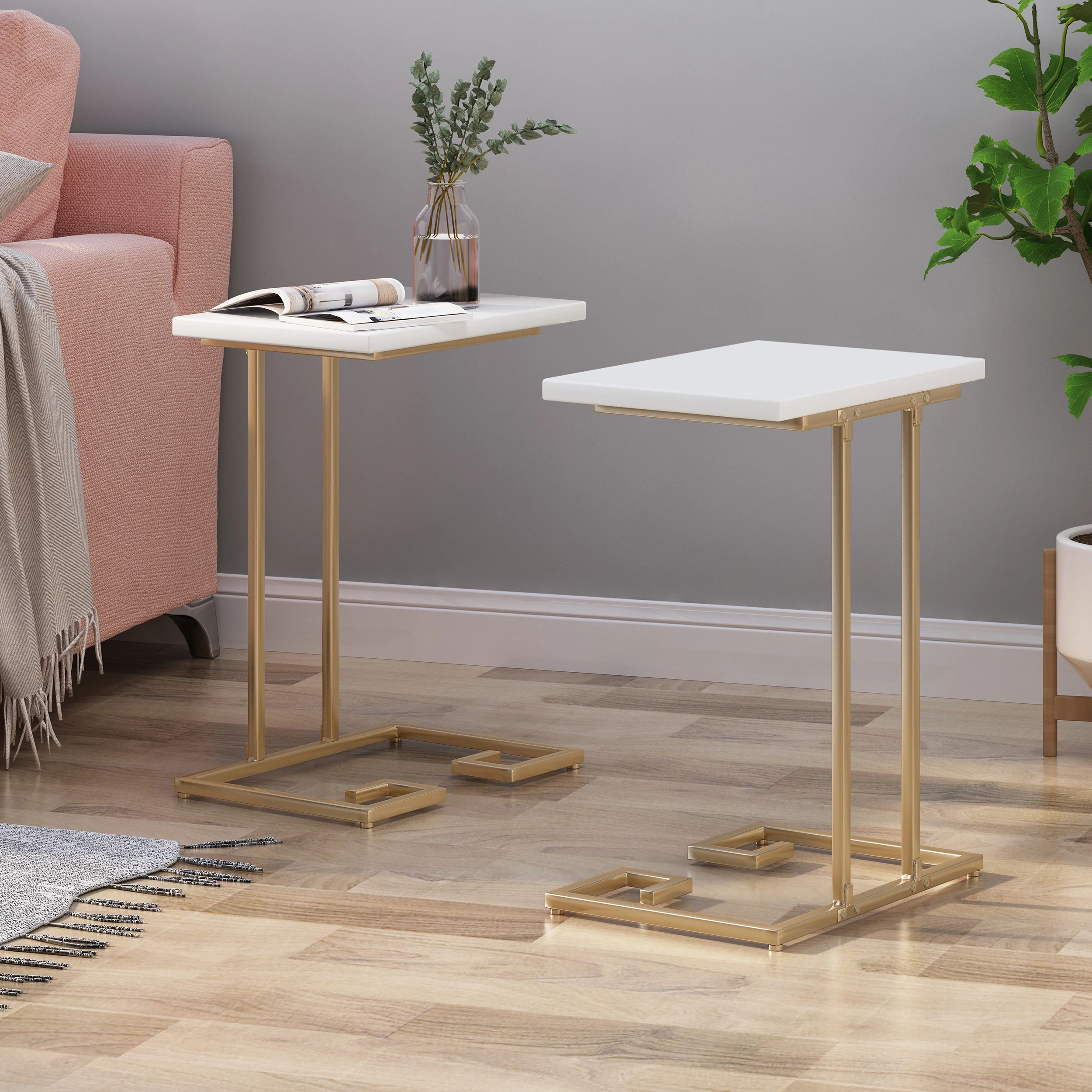 Ariade Modern Glam C Side Table, Set of 2, White and Champagne Gold - furnishings