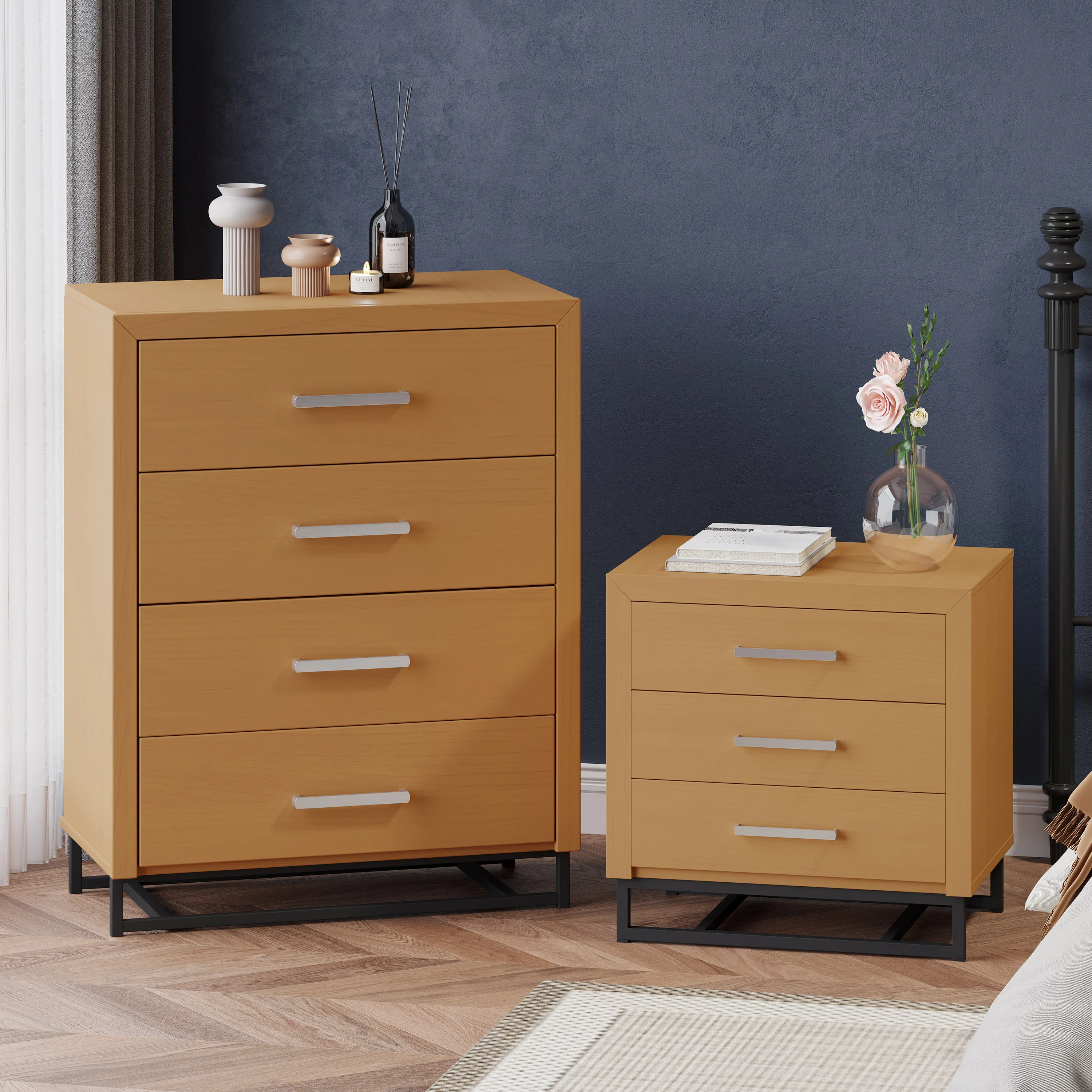 Borah Contemporary Faux Wood 2 Piece 4 Drawer Dresser and Nightstand Bedroom Set - furnishings