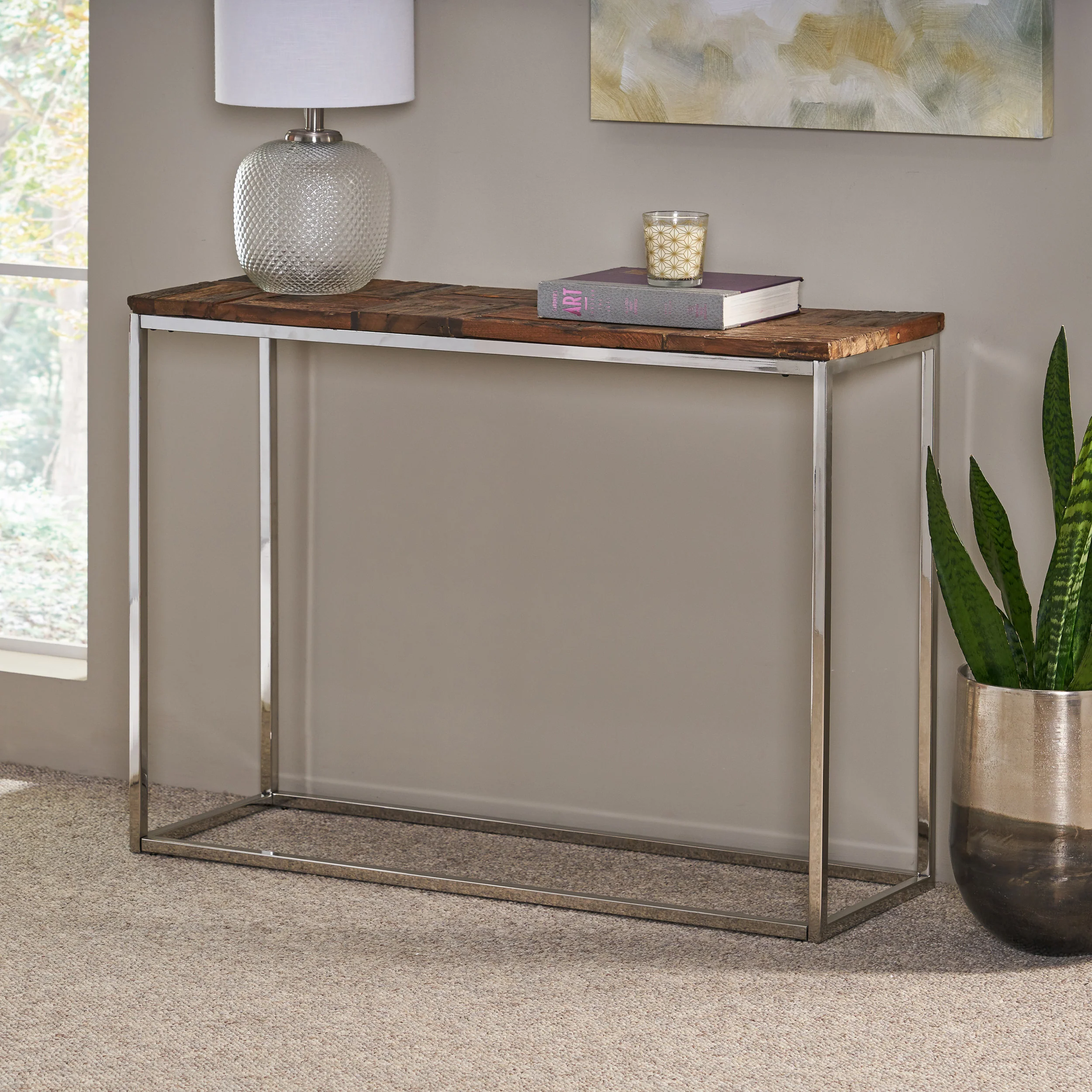 Brockton Boho Glam Handcrafted Wood Console Table, Natural and Silver - furnishings