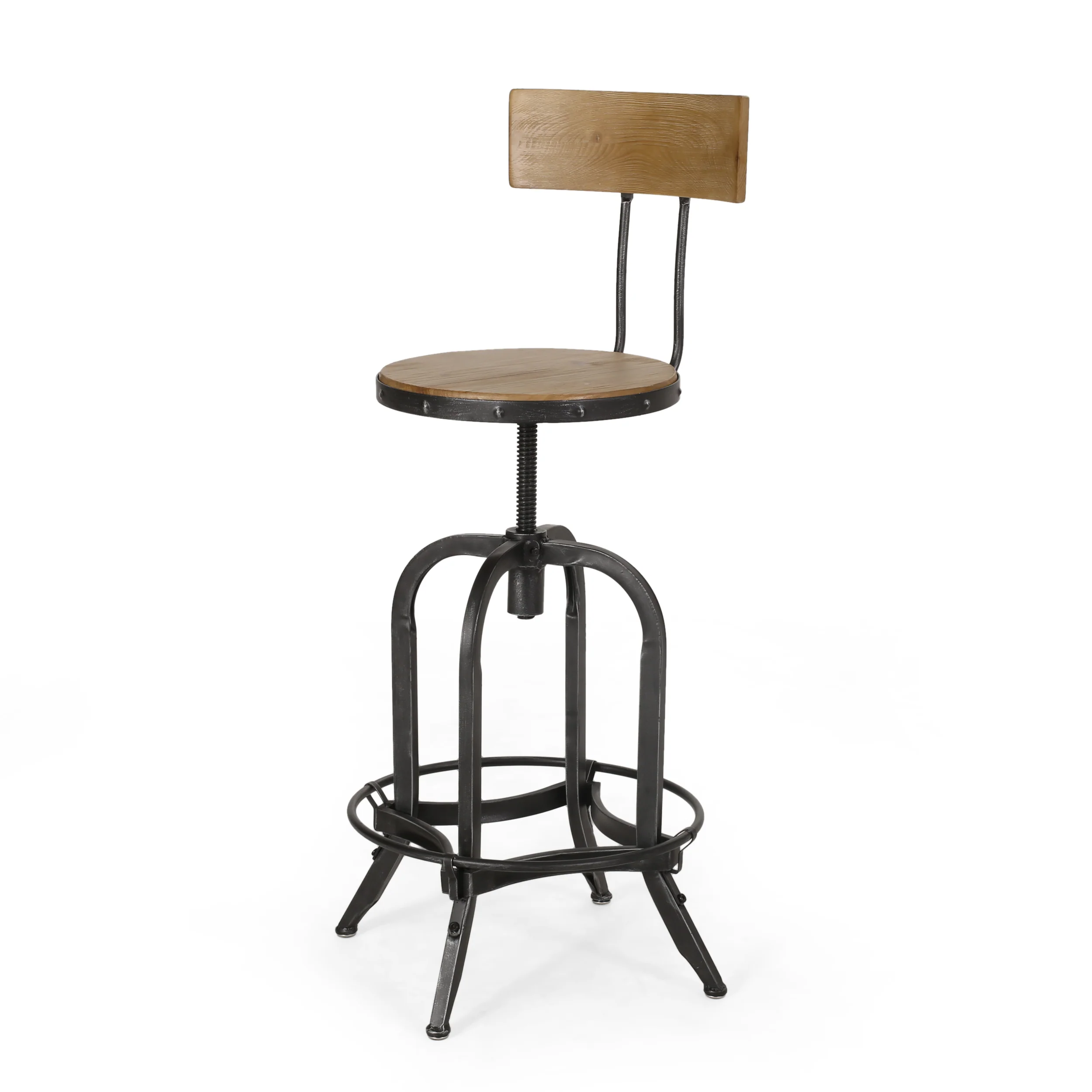 Pineview Modern Industrial Firwood Adjustable Height Swivel Barstools, Set of 2, Natural and Black Brushed Silver - furnishings