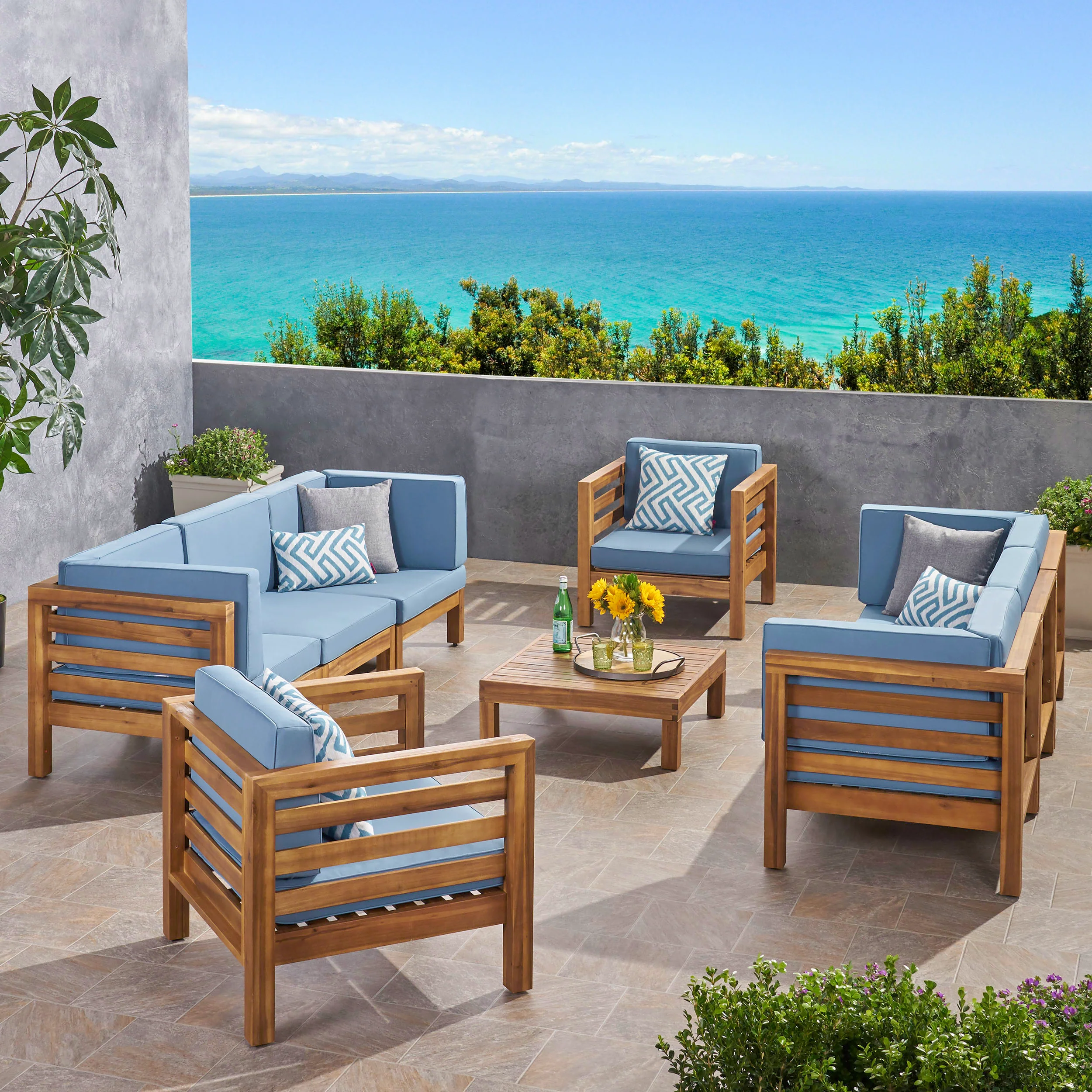 Emma Outdoor 8 Seater Acacia Wood Sofa and Club Chair Set - furnishings