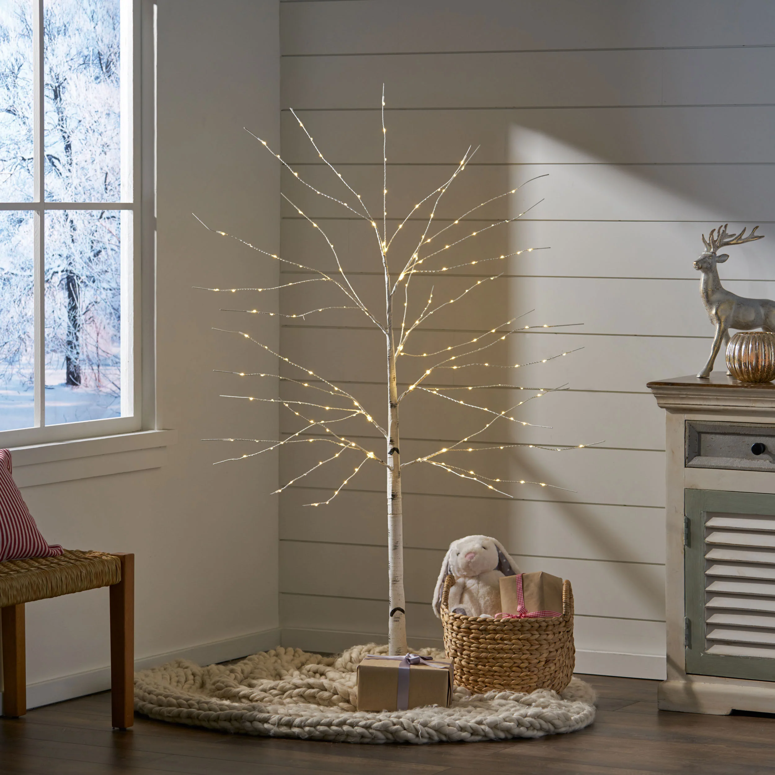 Ammy 5-Foot Pre-Lit 200 Warm White LED Artificial Twig Birch Tree, White - furnishings