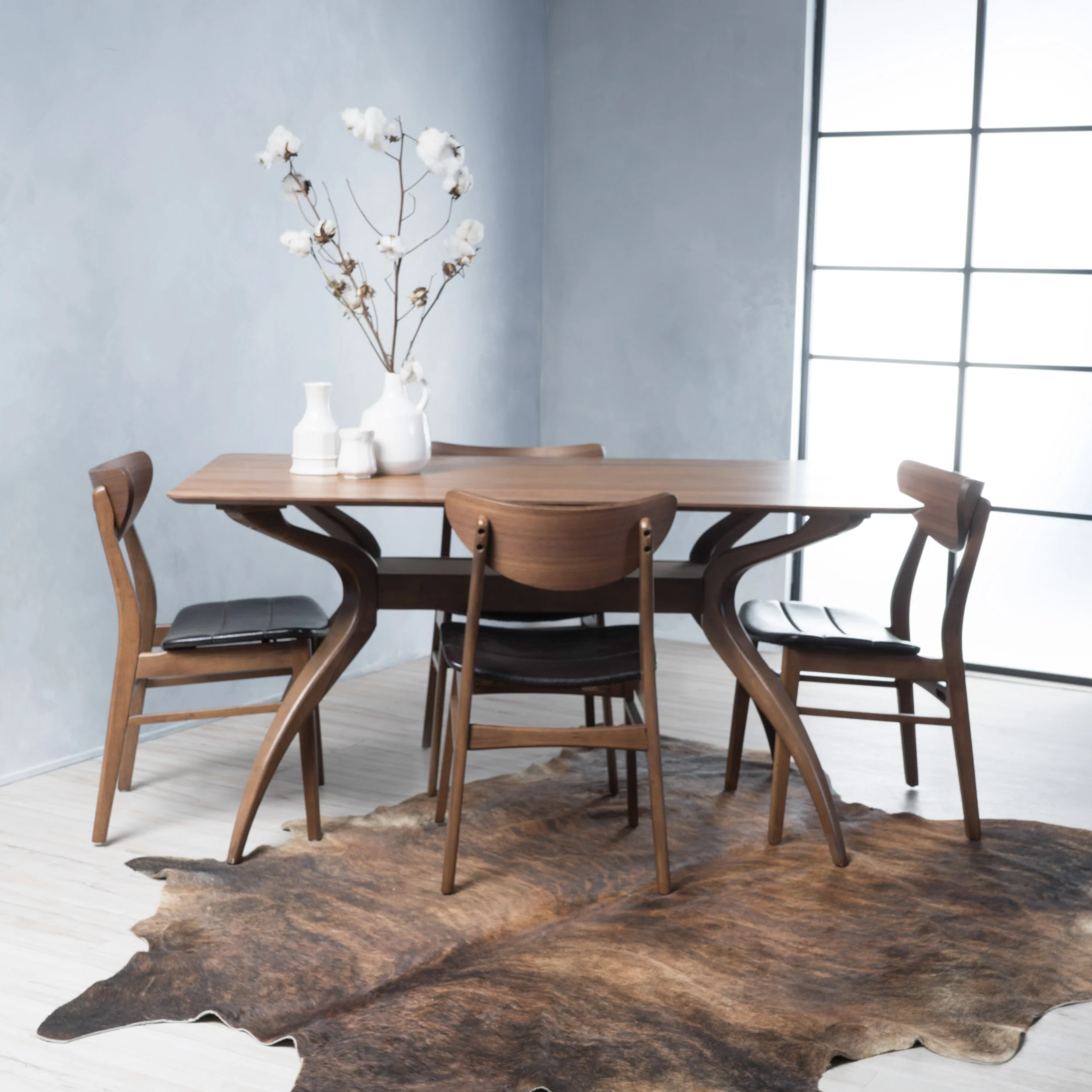 Camilla Dark Brown Leather Wood Finish Curved Leg Rectangular 5 Piece Dining Set - furnishings