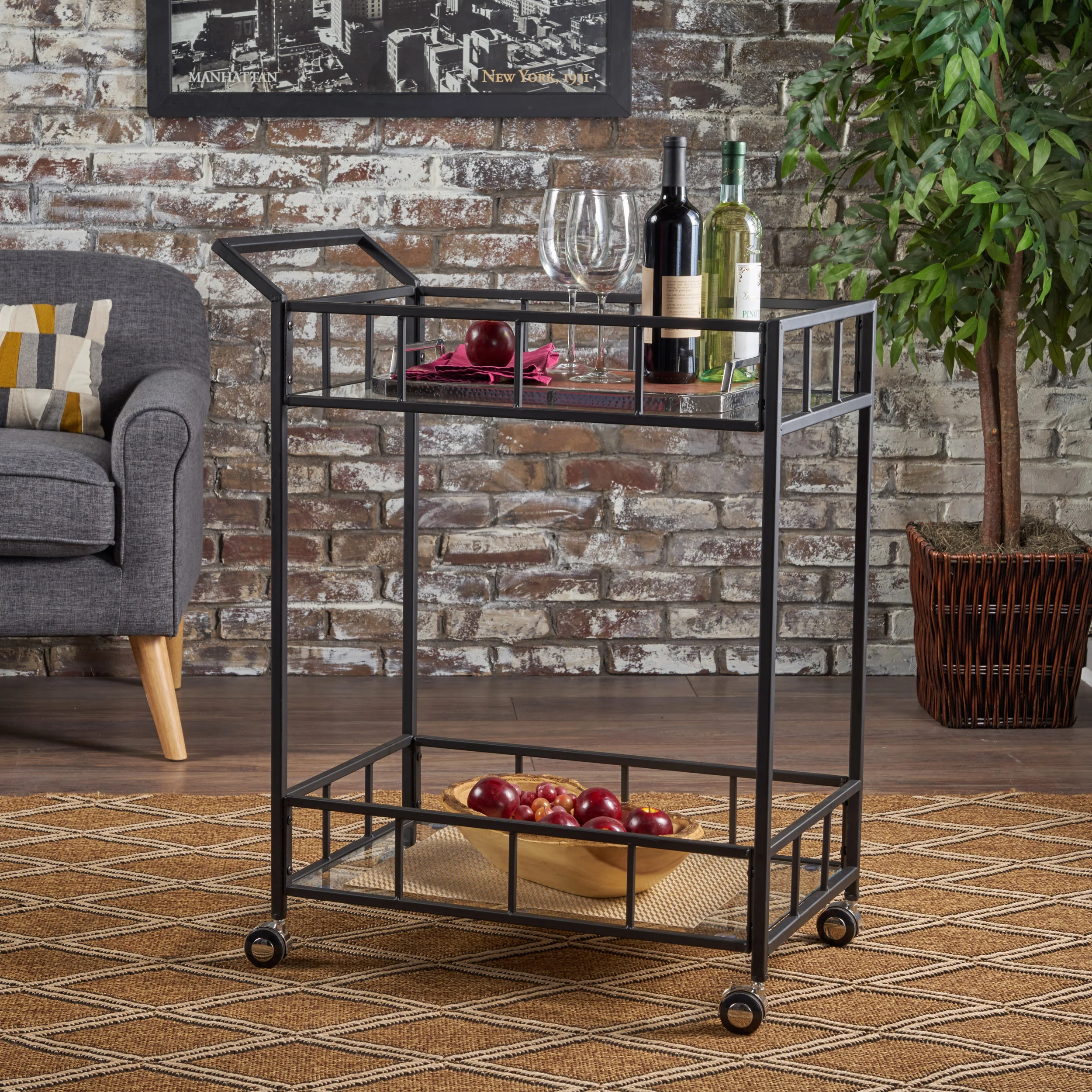 Talon Indoor Industrial Modern Black Iron Bar Cart with Tempered Glass Top - furnishings