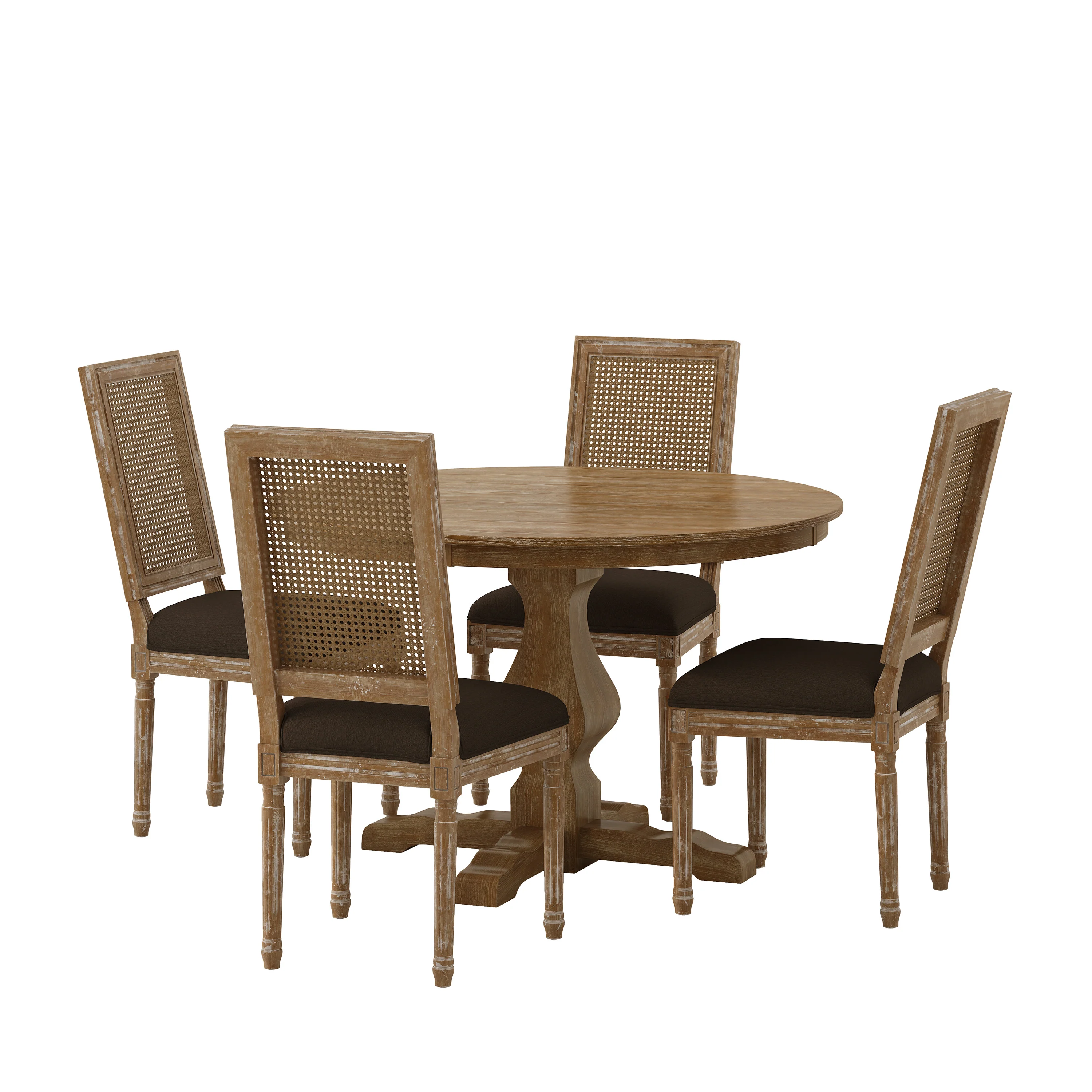 Merlene French Country Fabric Upholstered Wood and Cane 5 Piece Circular Dining Set - furnishings