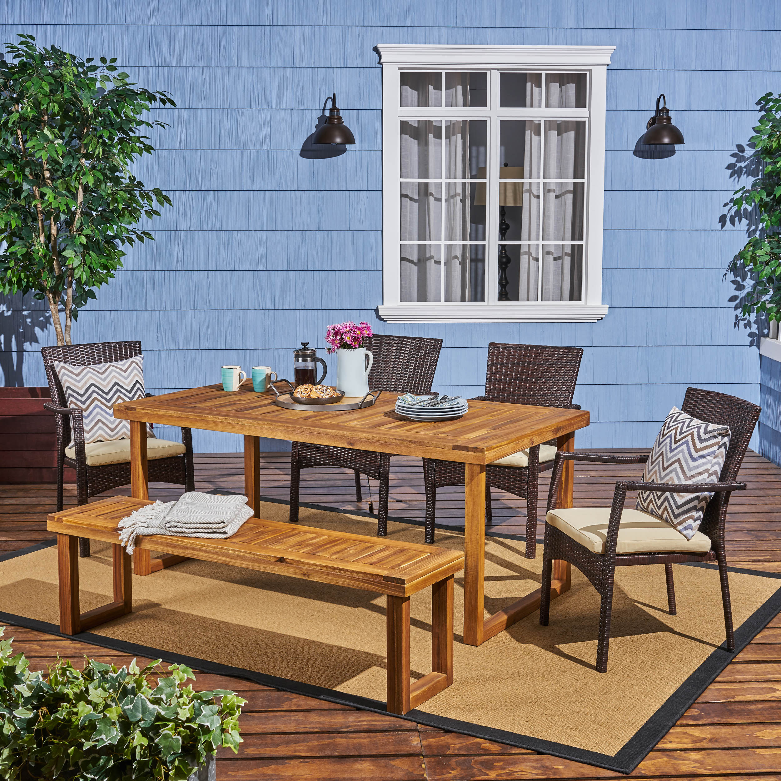 Dawn Outdoor 6-Seater Wood and Wicker Chair and Bench Dining Set - furnishings