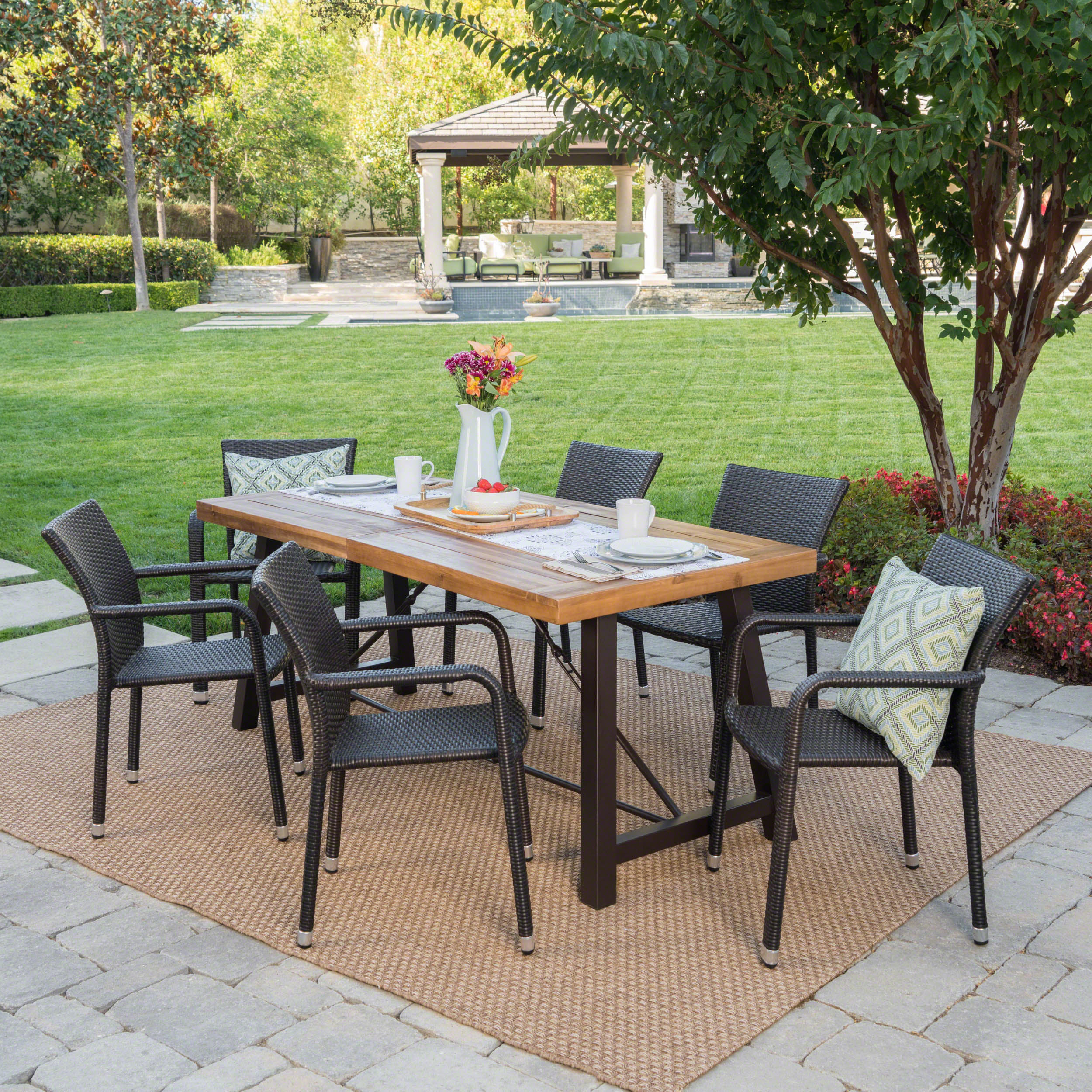 Spiegel Outdoor 7 Piece Dining Set with Teak Finished Wood Table and Brown Chairs - furnishings