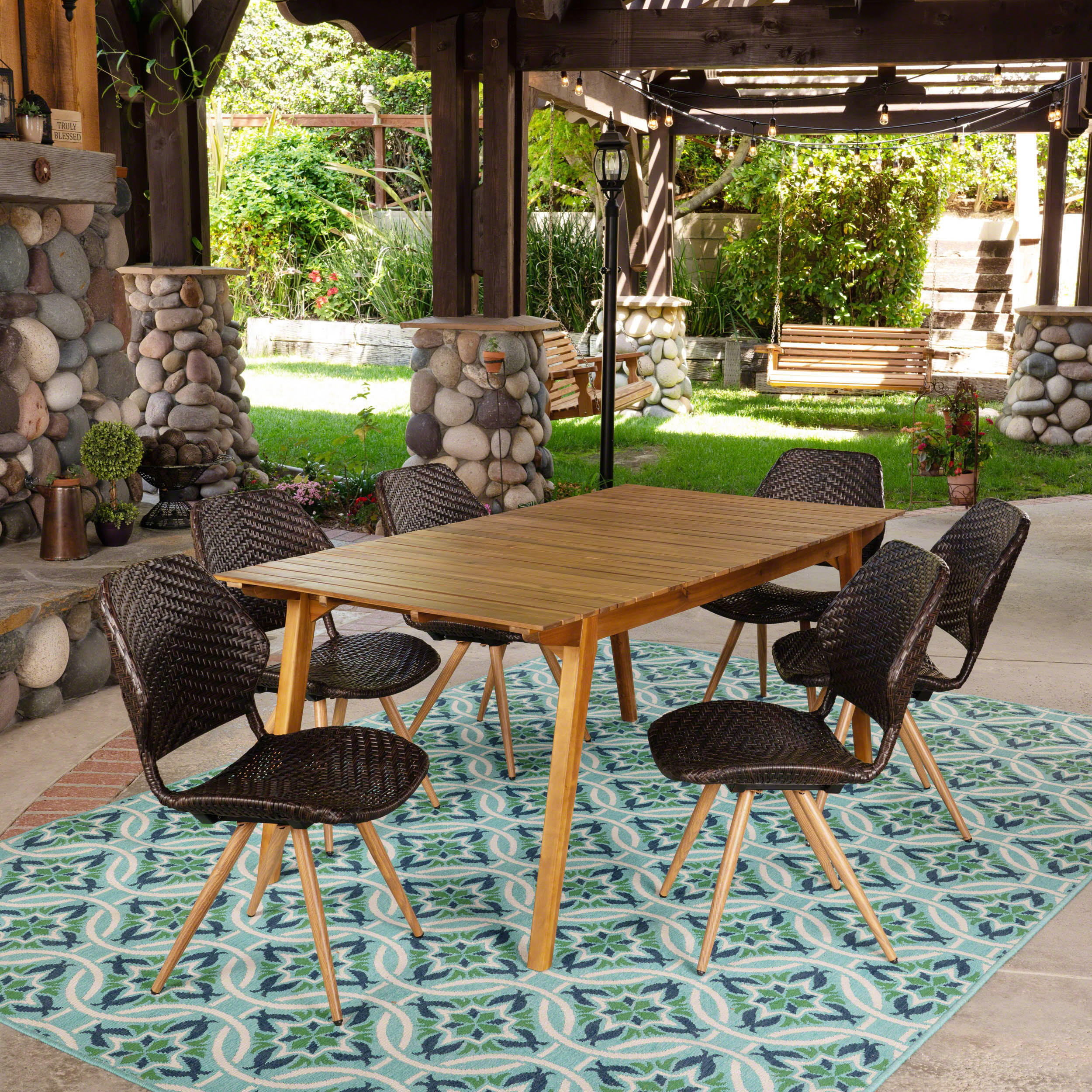 Kevin Outdoor 7 Piece Acacia Wood and Wicker Dining Set, Teak and Multibrown - furnishings
