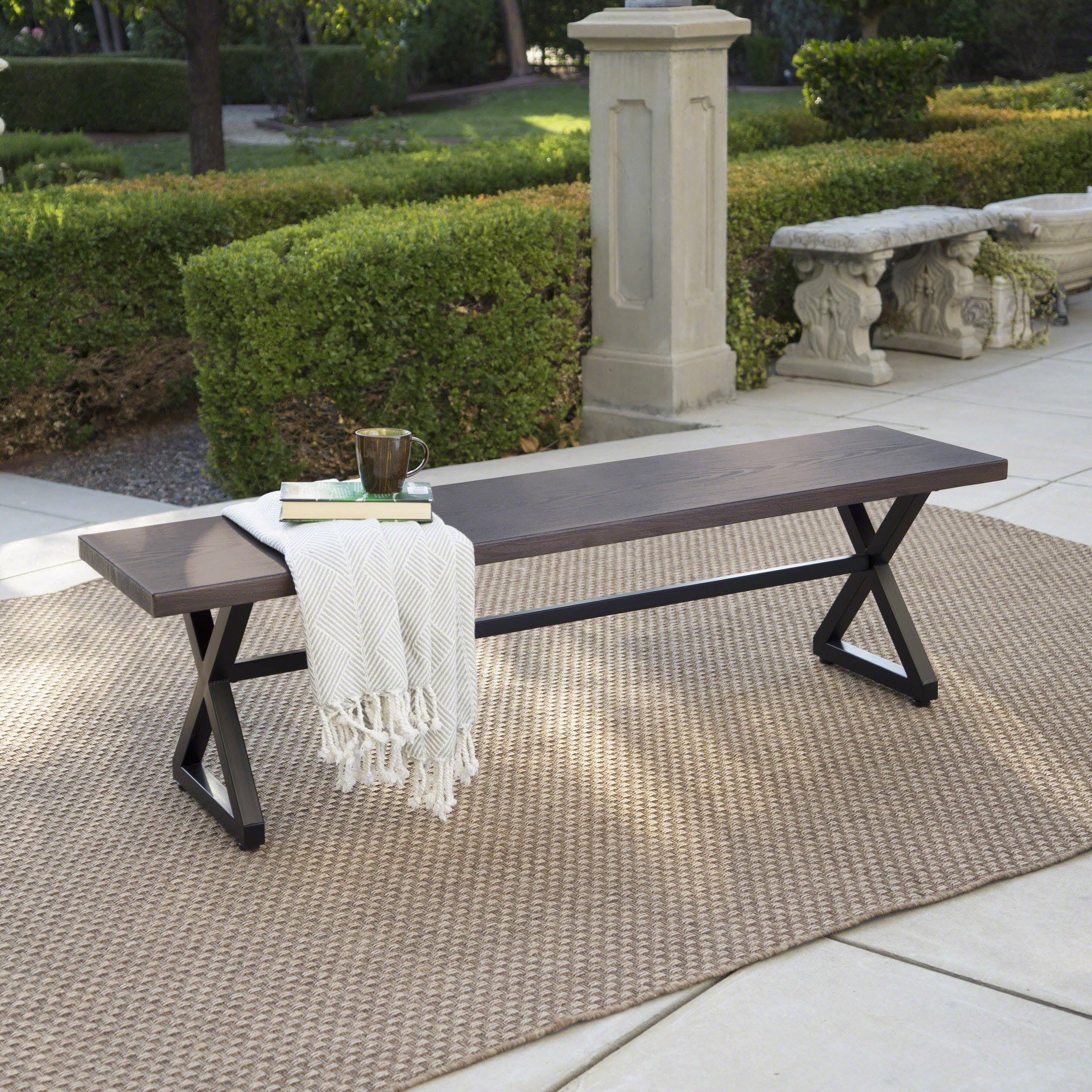 Rosarito Outdoor Aluminum Dining Bench with Black Steel Frame - furnishings