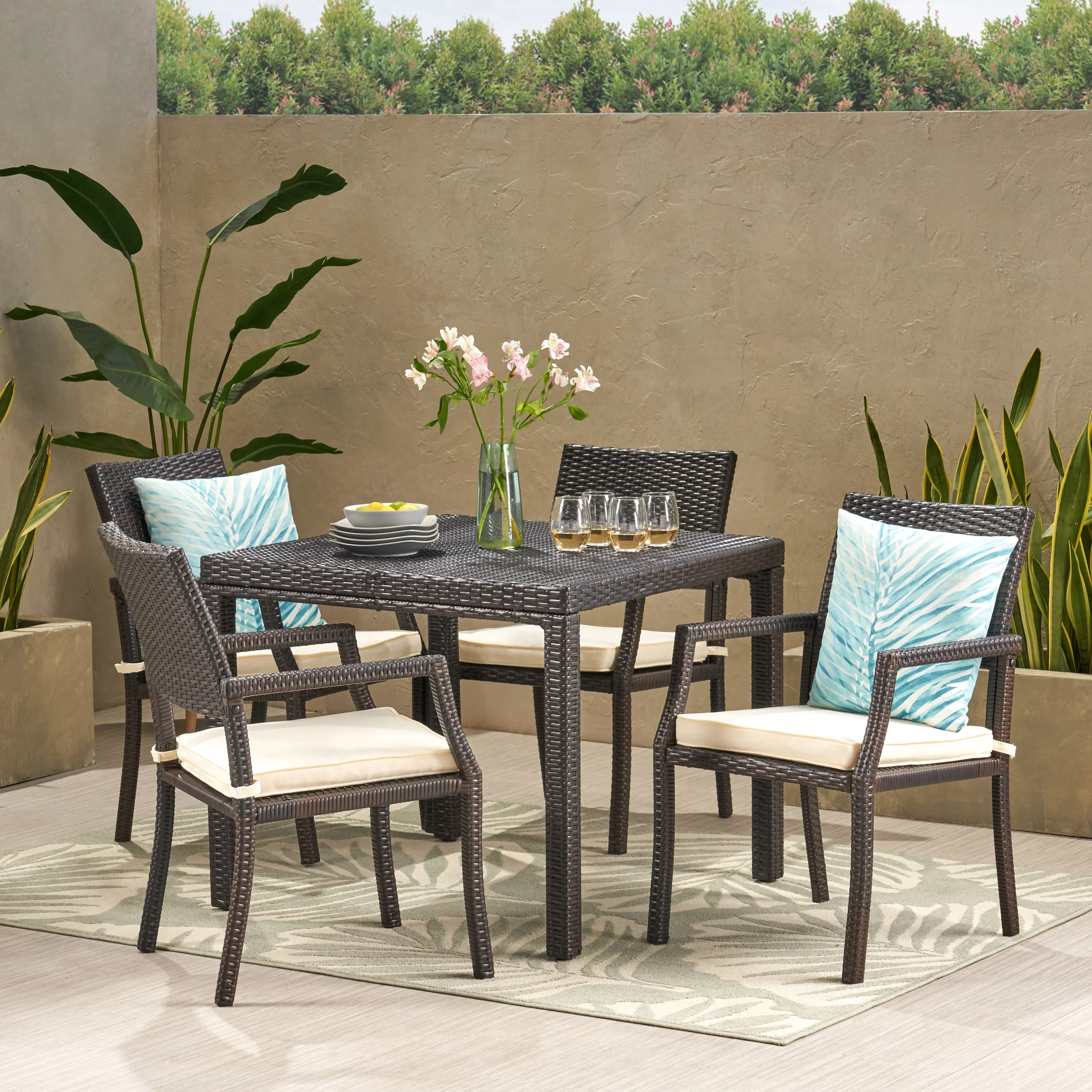 Edene Outdoor 5 Piece Multibrown Wicker Rectangular Dining Set - furnishings