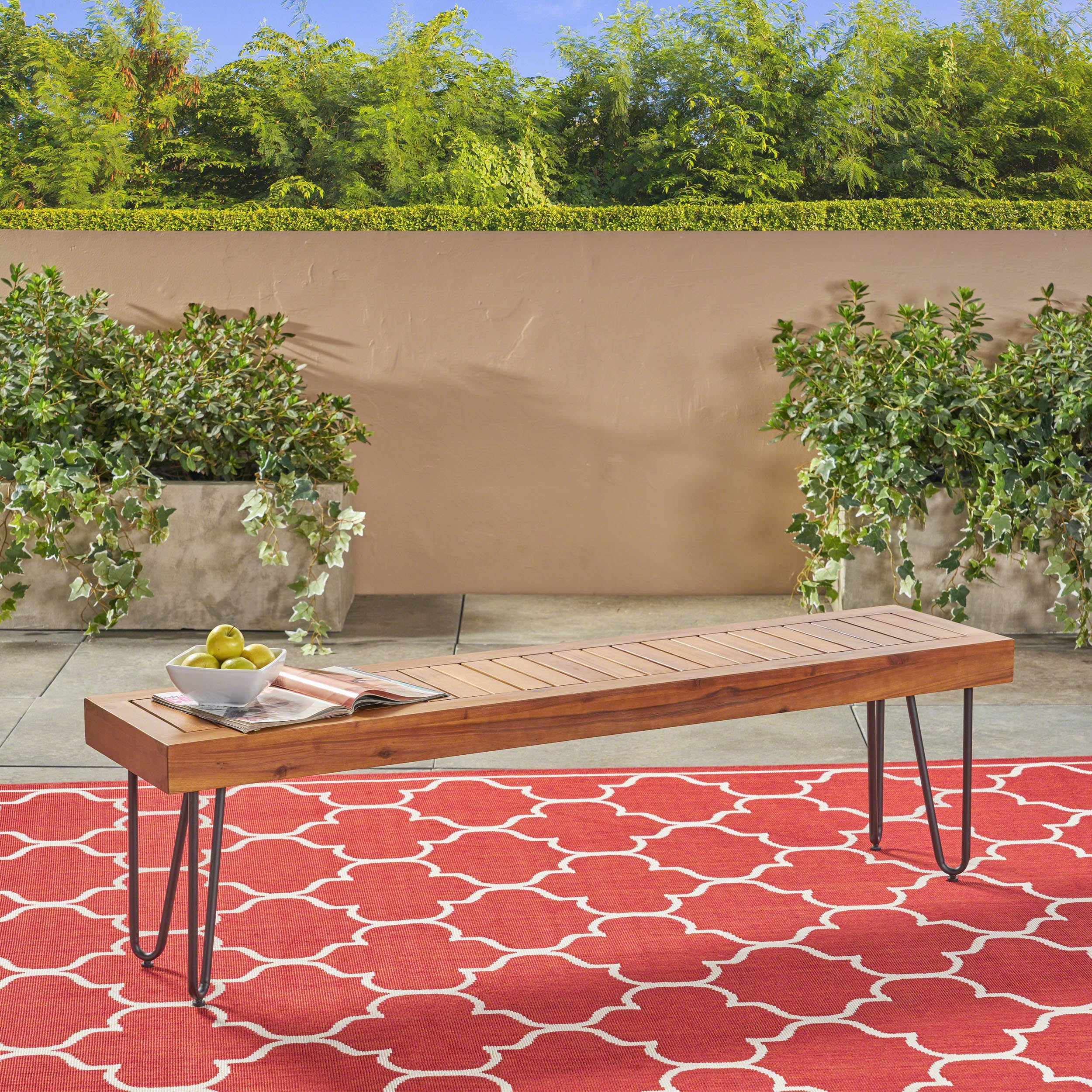 Abbet Outdoor Farmhouse Slat-Top Acacia Wood Bench w/ Metal Hairpin Legs - furnishings