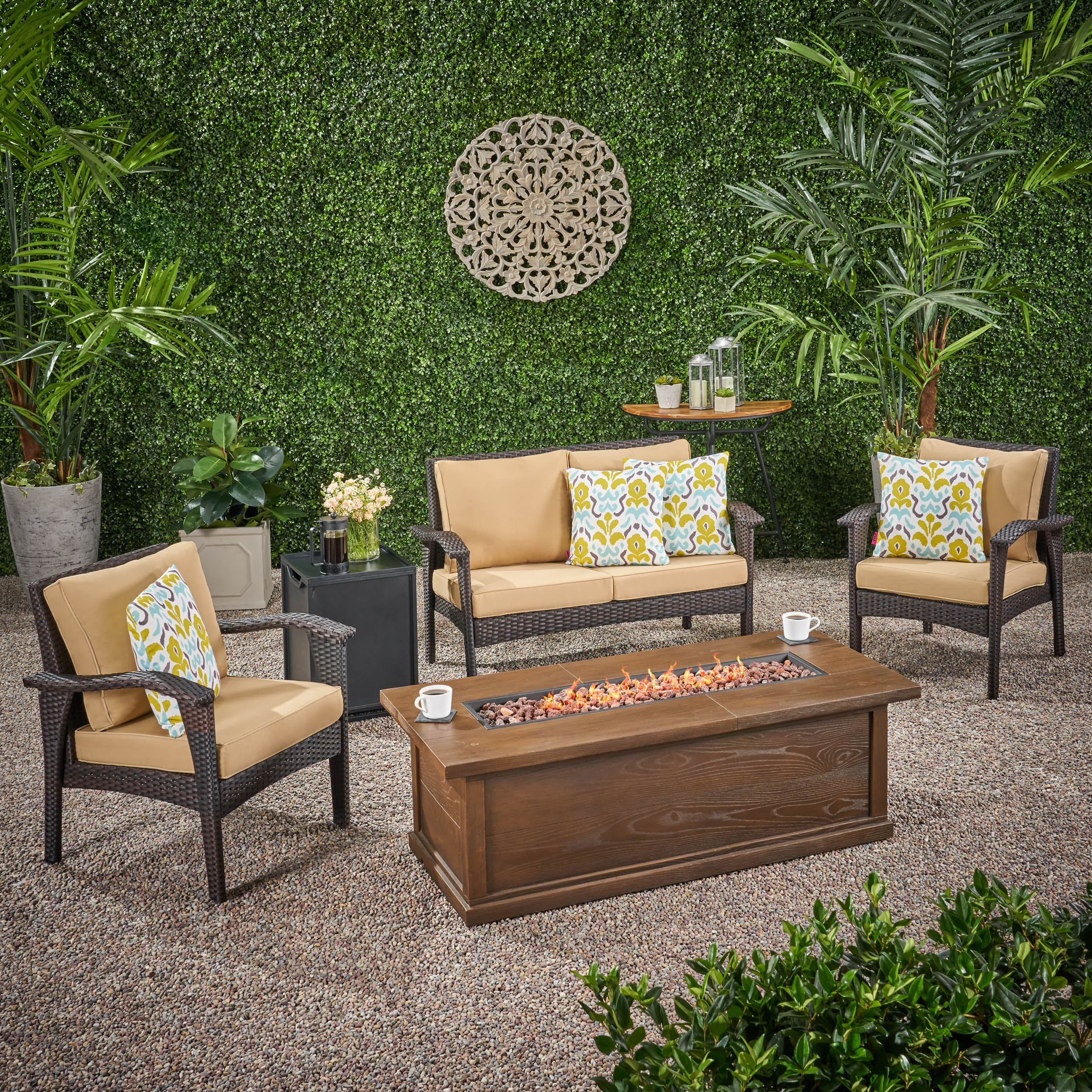 Voyage Outdoor 4 Seater Wicker Chat Set with Fire Pit - furnishings
