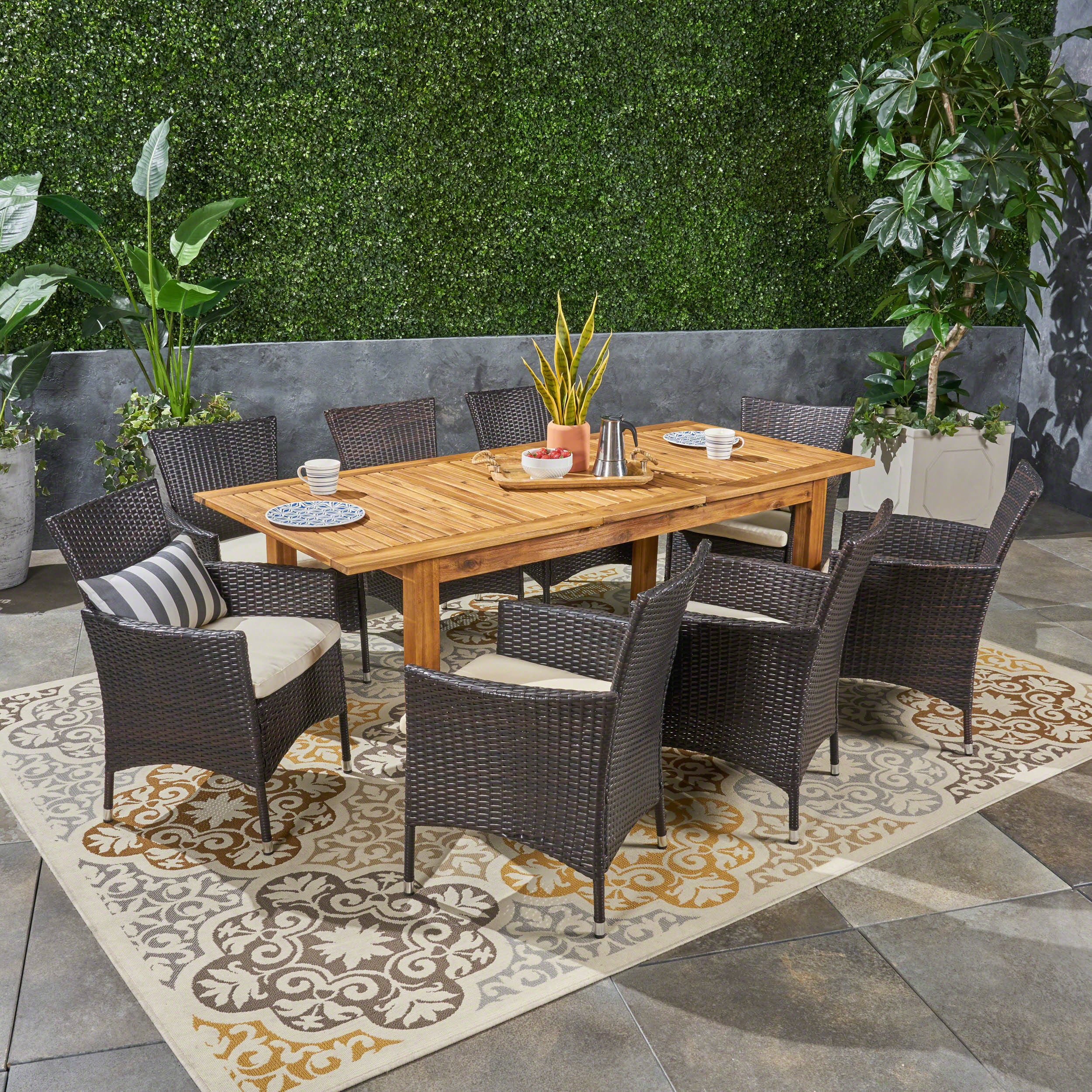 Saluda Outdoor Wood and Wicker Expandable Dining Set - furnishings