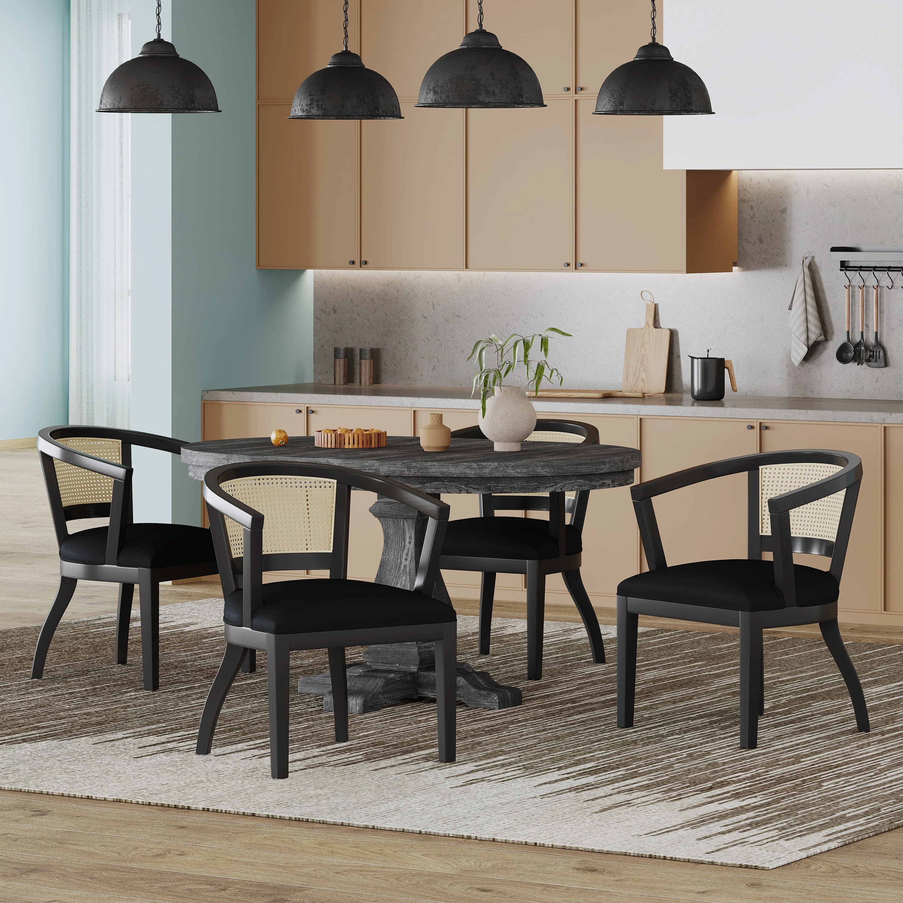 Dumars Traditional Upholstered Wood and Cane 5 Piece Dining Set - furnishings