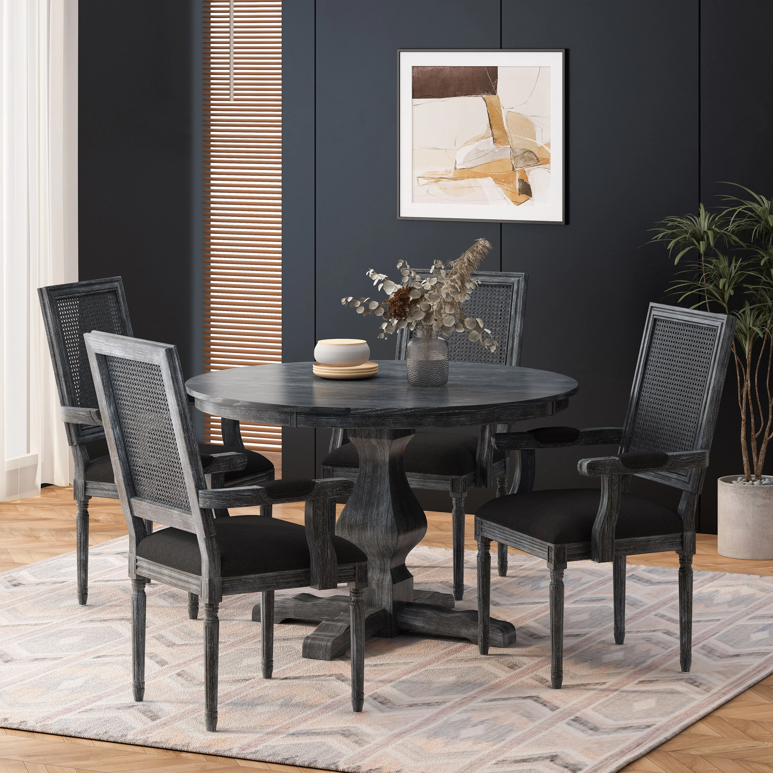 Joretta French Country Fabric Upholstered Wood and Cane 5 Piece Circular Dining Set - furnishings