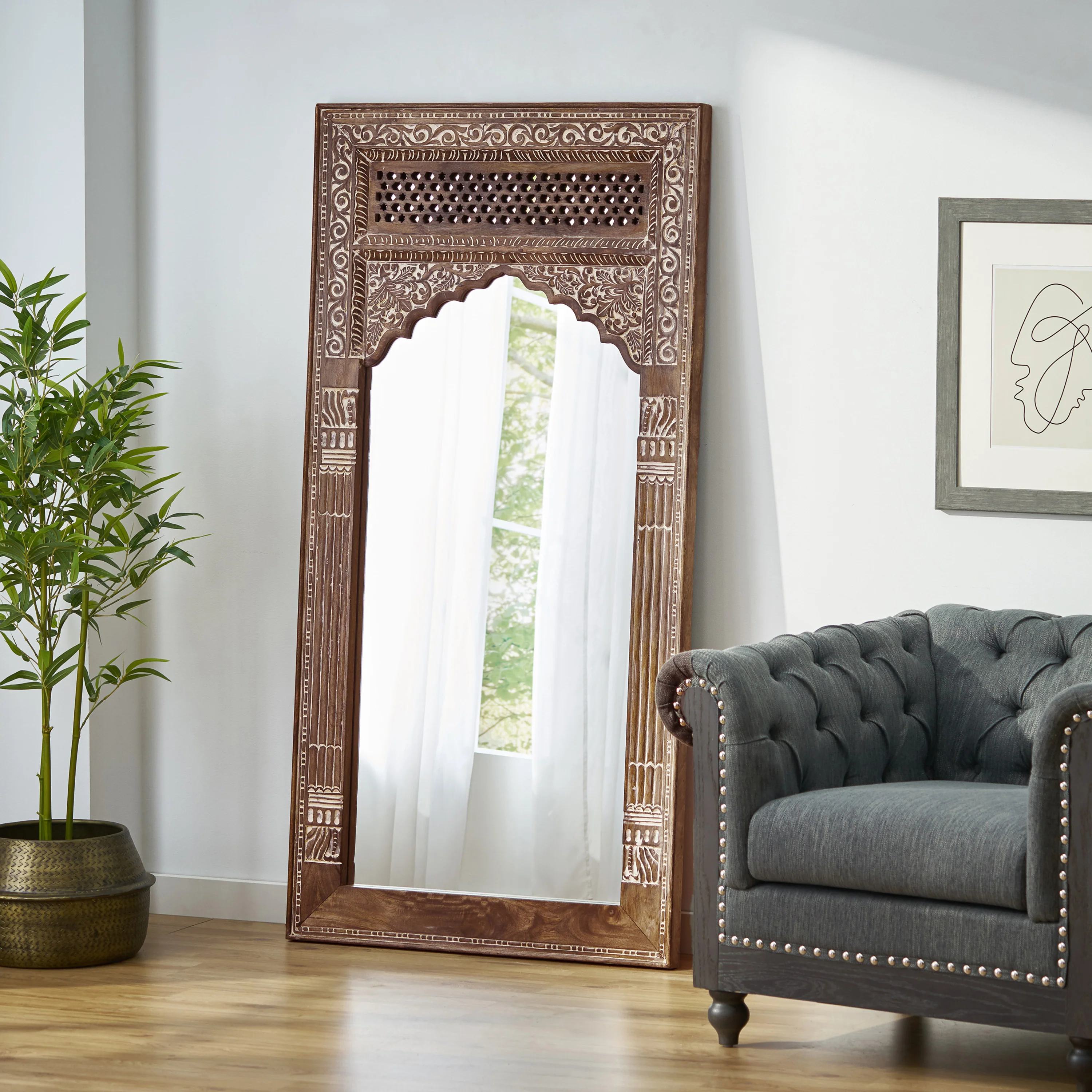 Wyola Traditional Handcrafted Mango Wood Carved Full Length Standing Mirror - furnishings