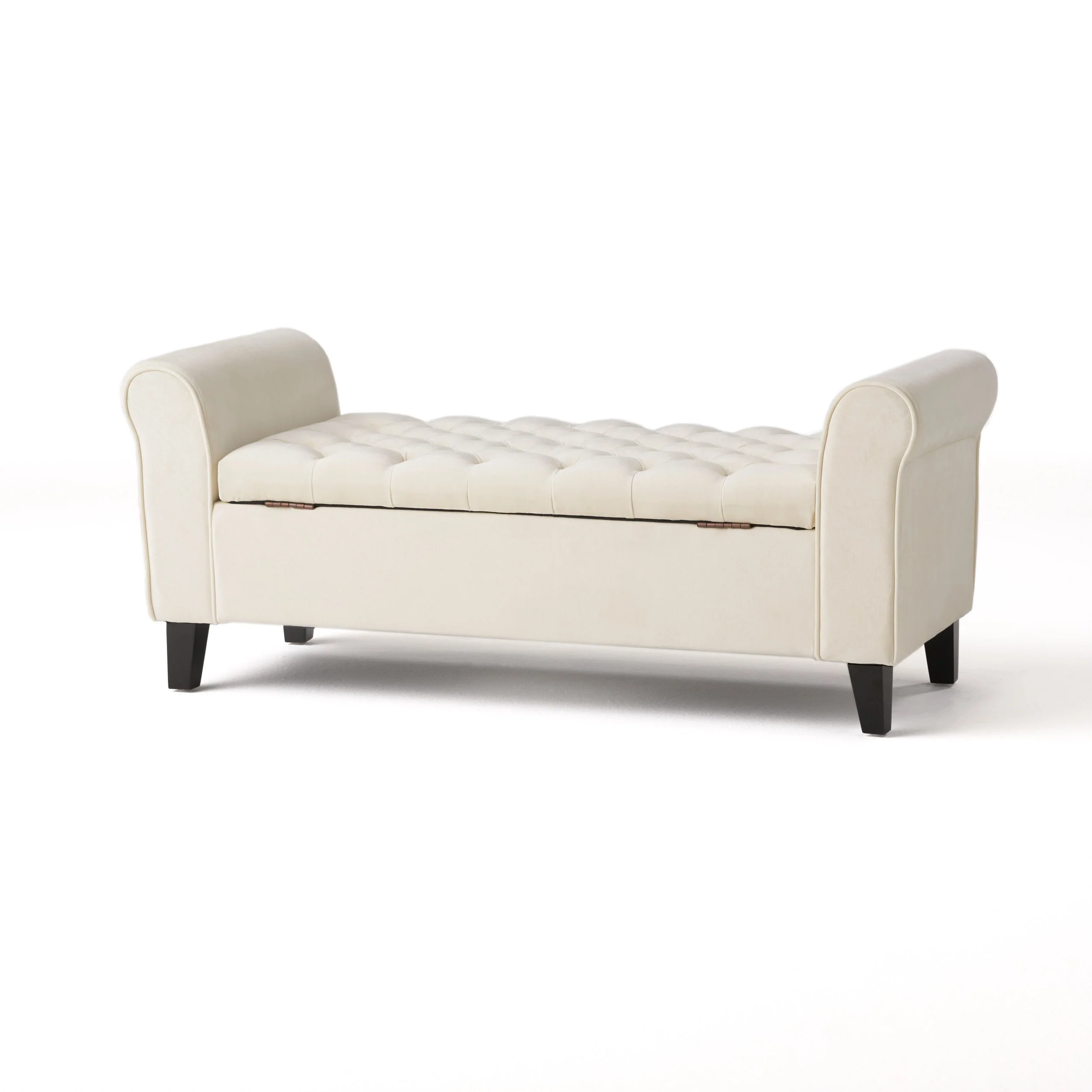 Berggren Contemporary Rolled Arm Velvet Storage Ottoman Bench, Ivory and Dark Brown - furnishings