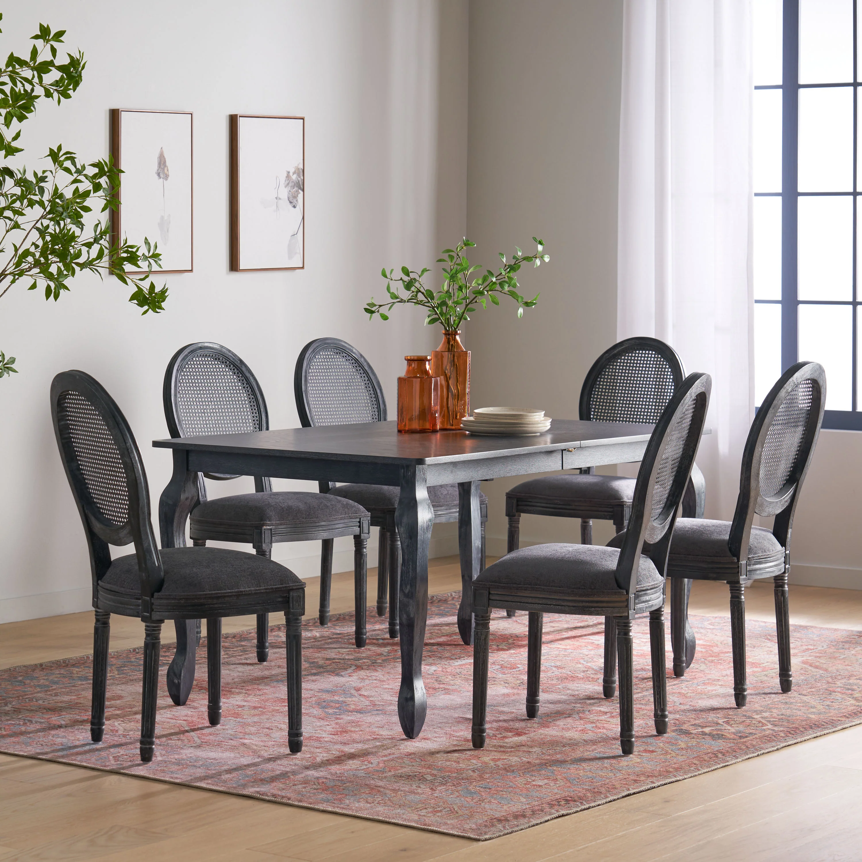 Midland French Country Upholstered Wood and Cane Expandable 7 Piece Dining Set - furnishings