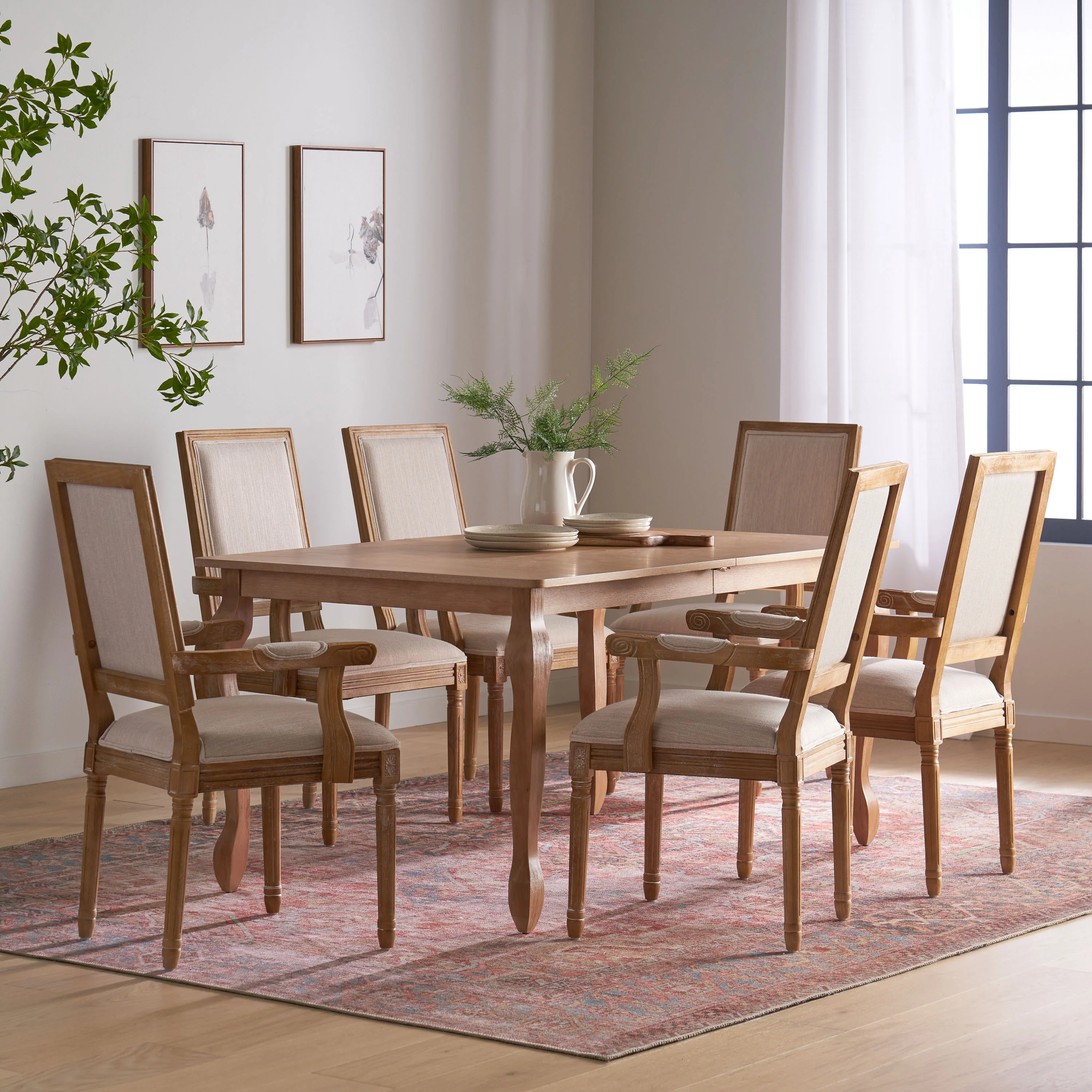 Regan French Country Fabric Upholstered Wood Expandable 7 Piece Dining Set - furnishings