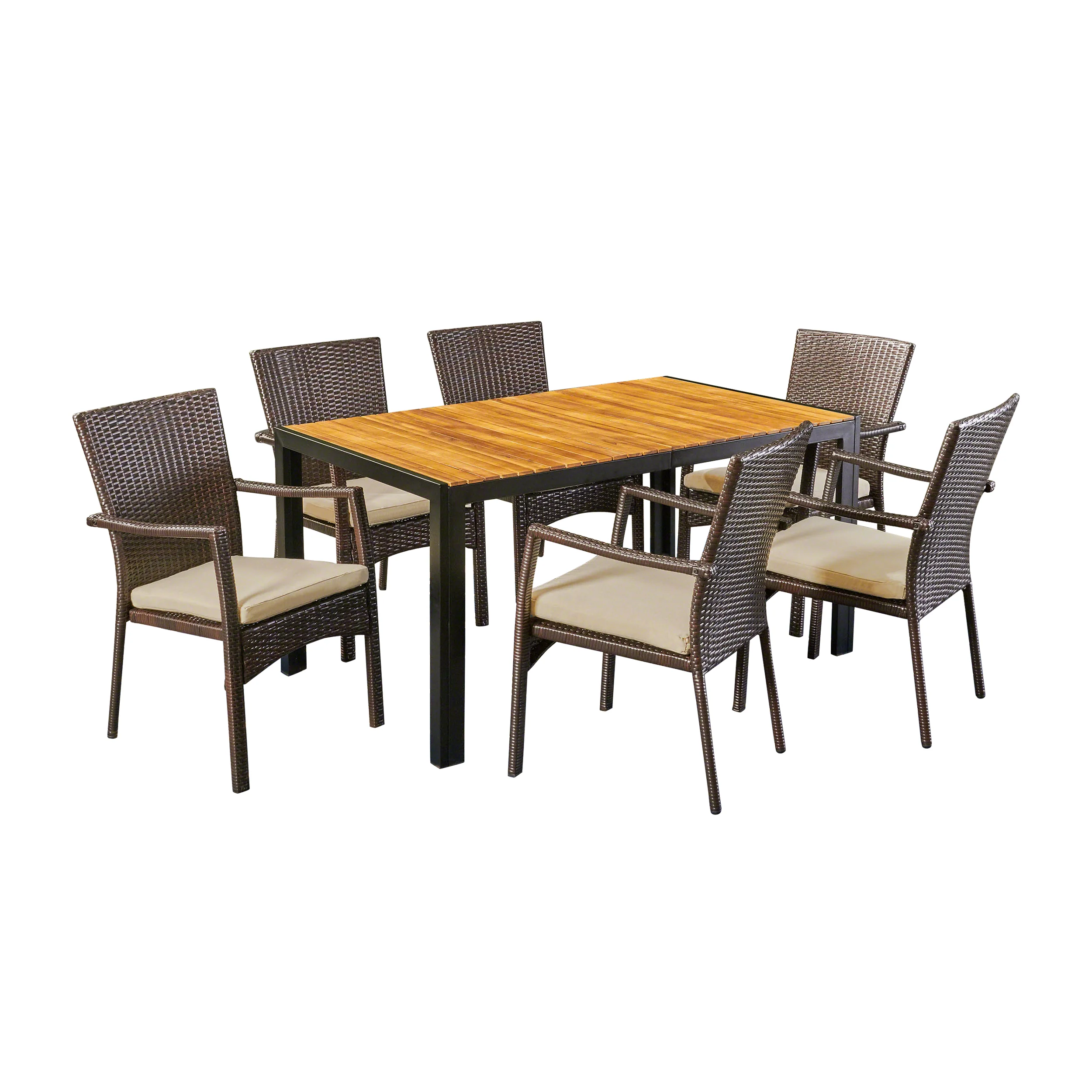 Faithe Outdoor 6-Seater Rectangular Acacia Wood and Wicker Dining Set, Teak with Black and Brown with Cream - furnishings