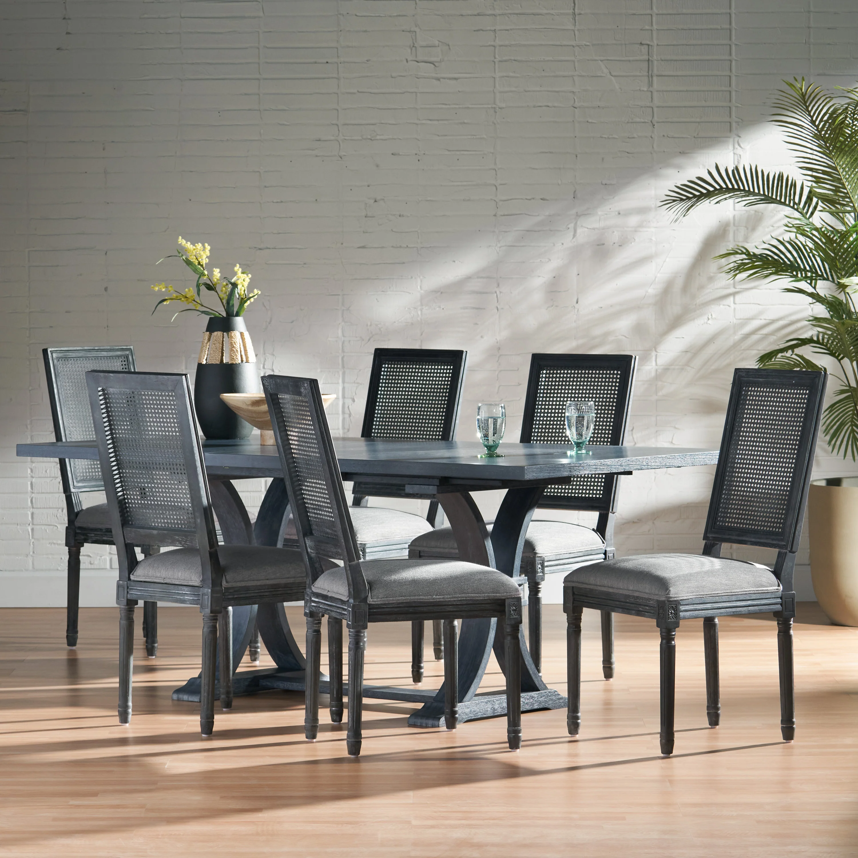 Brownell French Country Wood and Cane 7-Piece Expandable Dining Set - furnishings