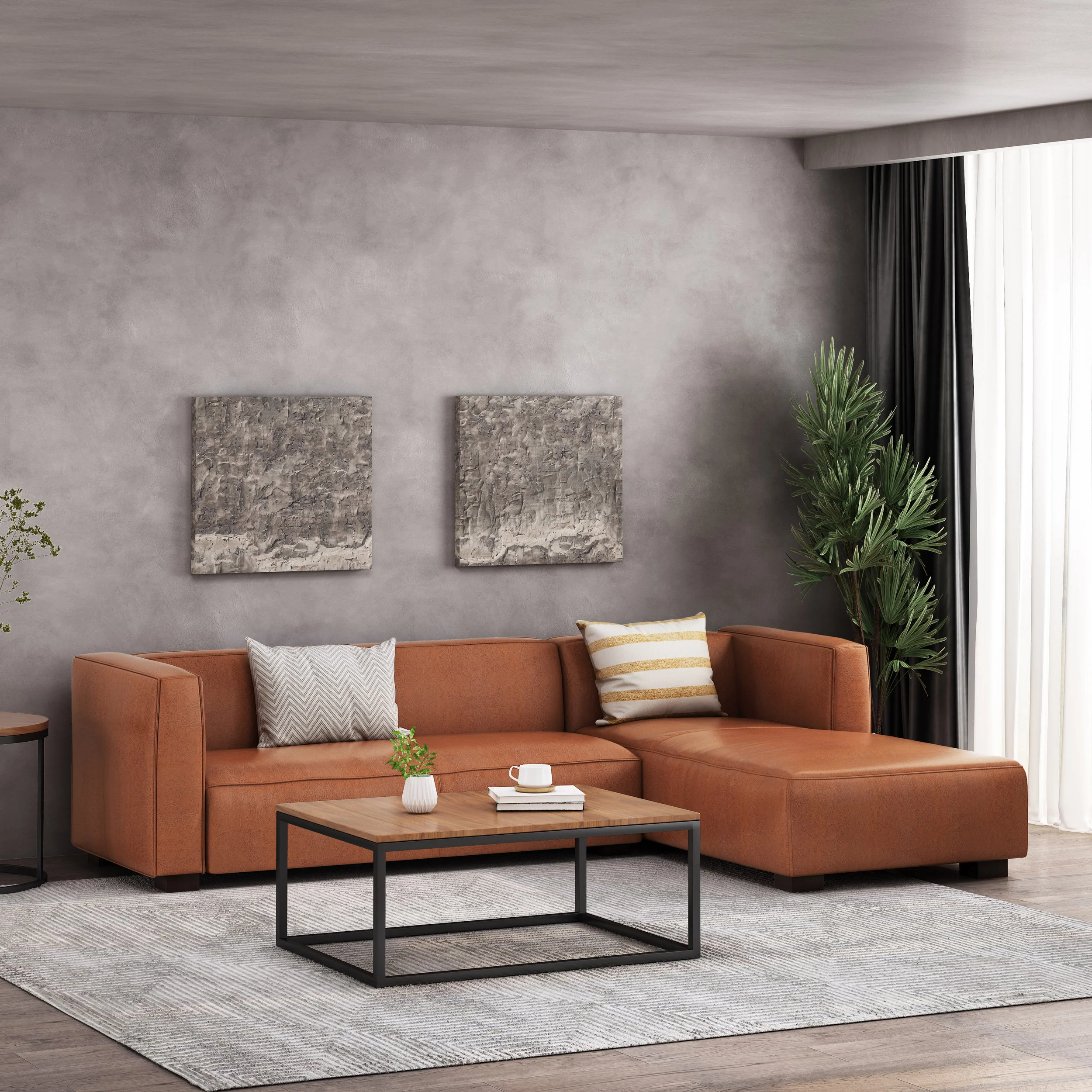 Minkler Contemporary Faux Leather 3 Seater Sofa with Chaise Lounge - furnishings