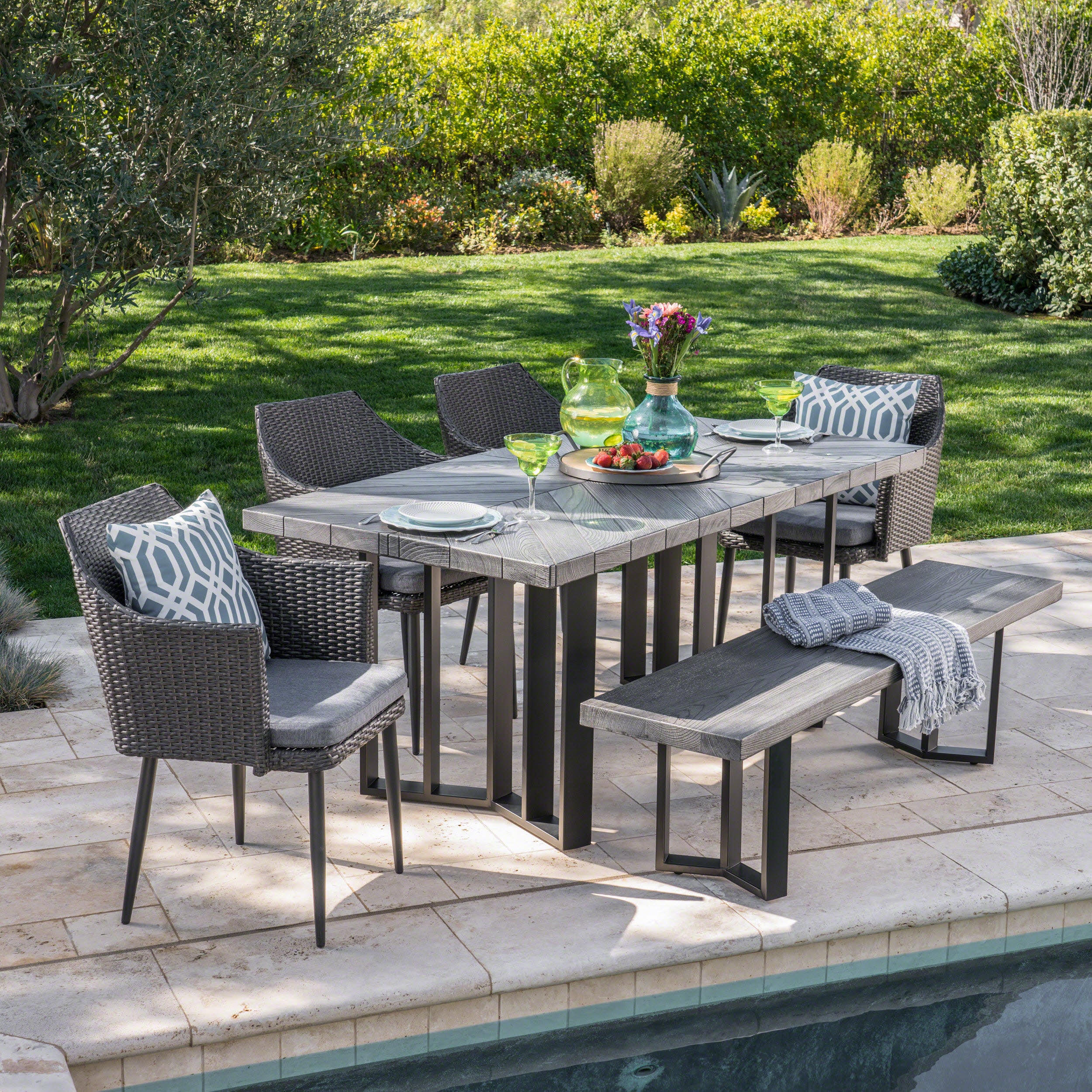 Tammy Outdoor 6 Piece Wicker Dining Set with Concrete Dining Table and Bench - furnishings