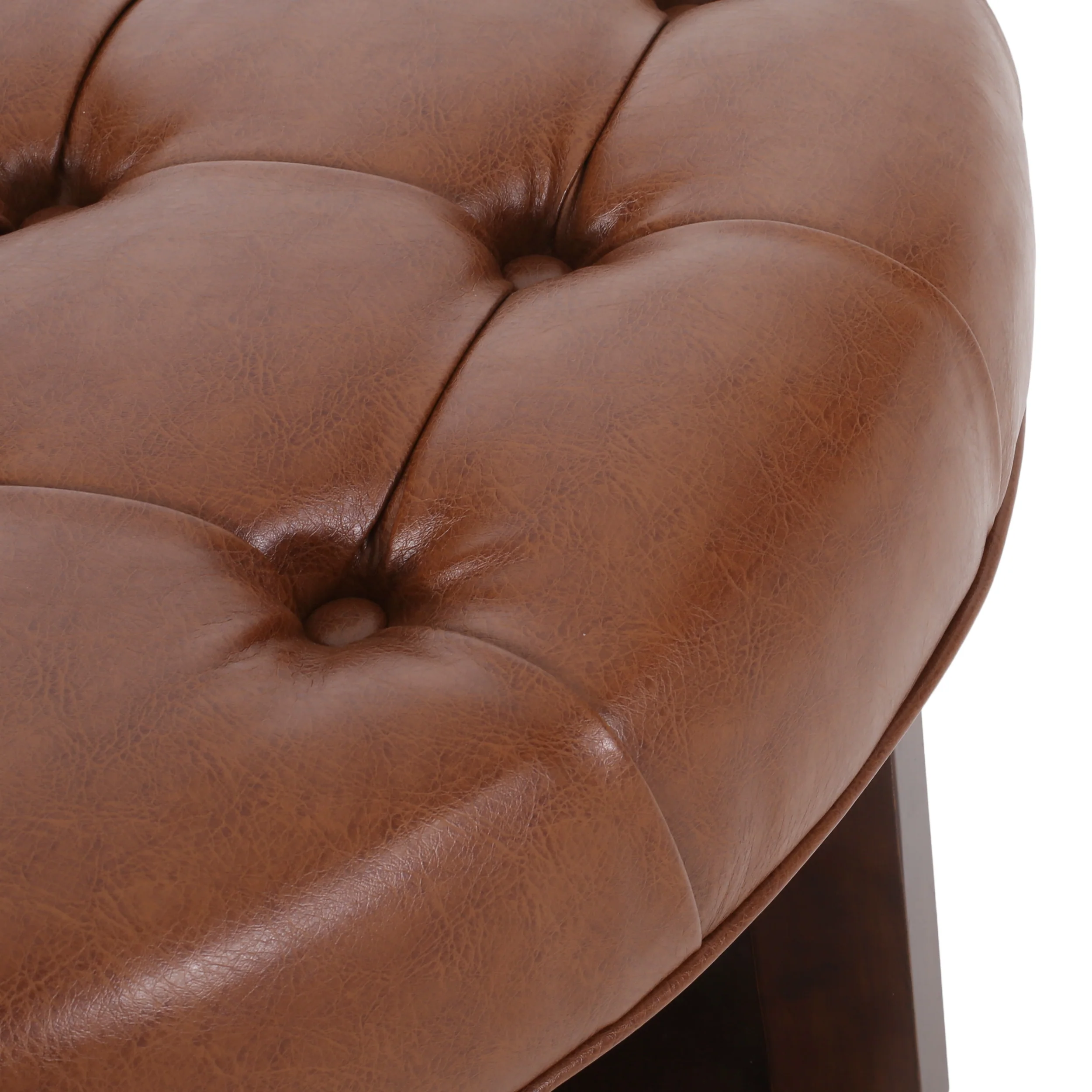 Baynes Contemporary Faux Leather Tufted Wood Round Ottoman with Open Shelf - furnishings