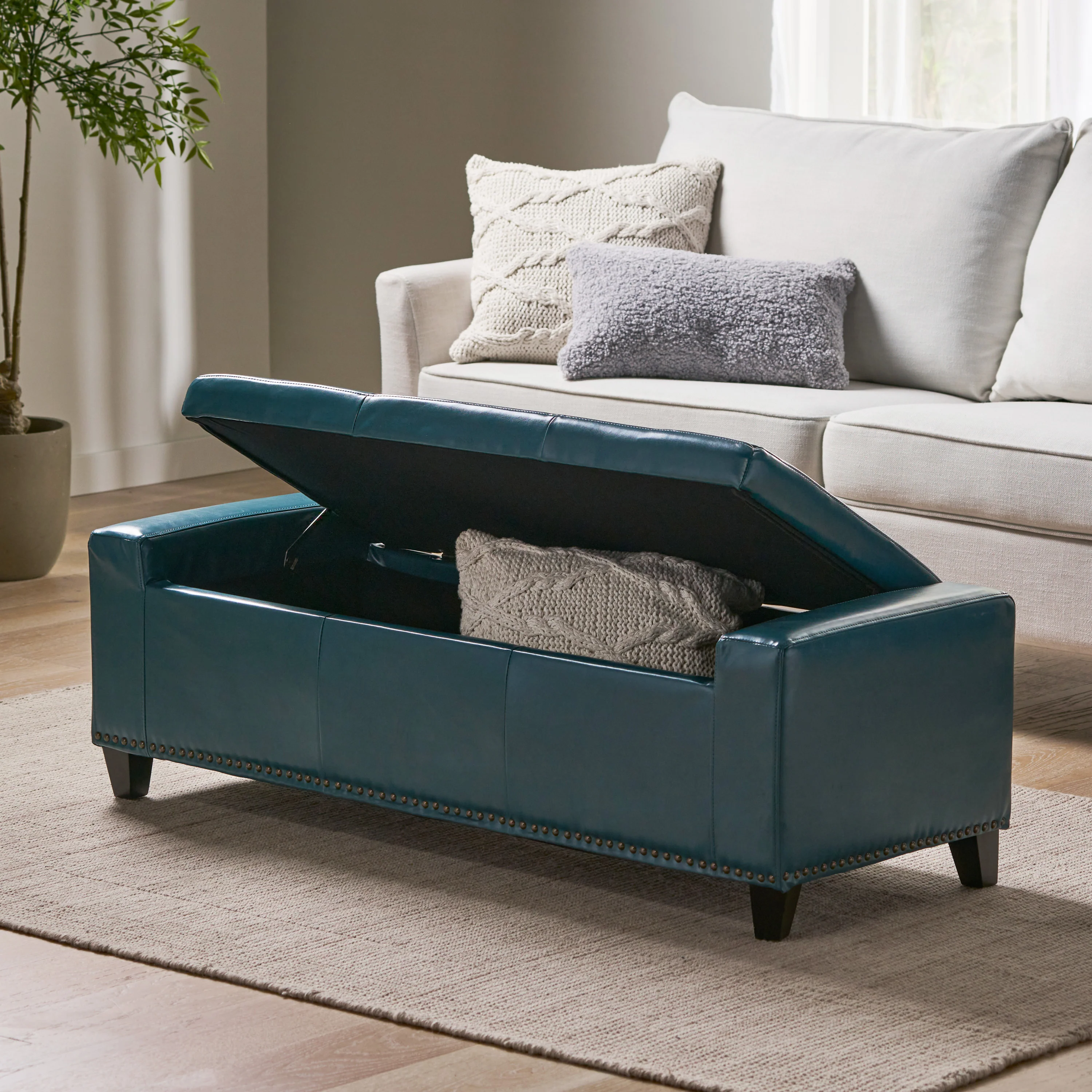 Robin Studded Teal Leather Storage Ottoman Bench - furnishings