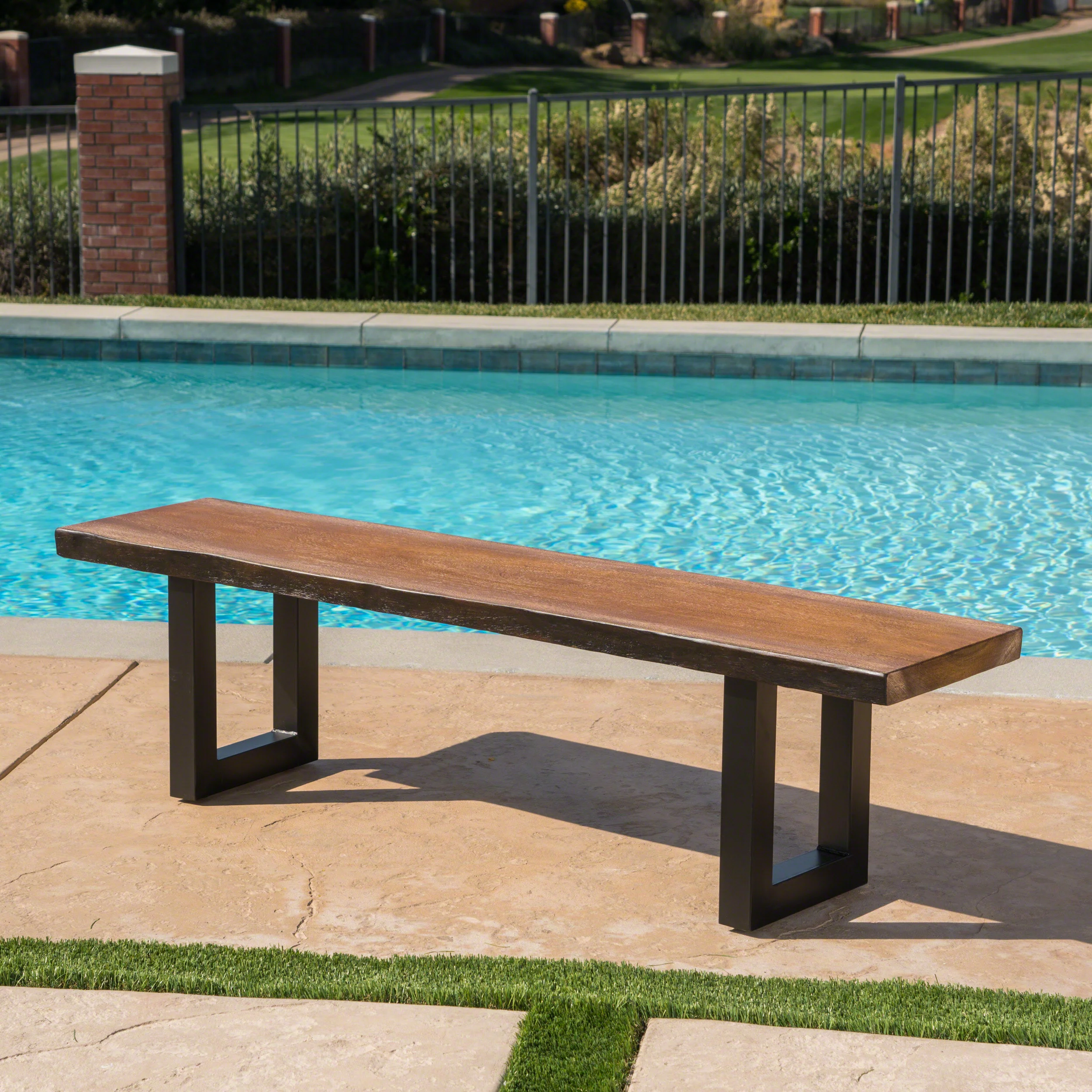 Ishtar Outdoor Faux Live Edge Teak Finish Lightweight Concrete Dining Bench - furnishings