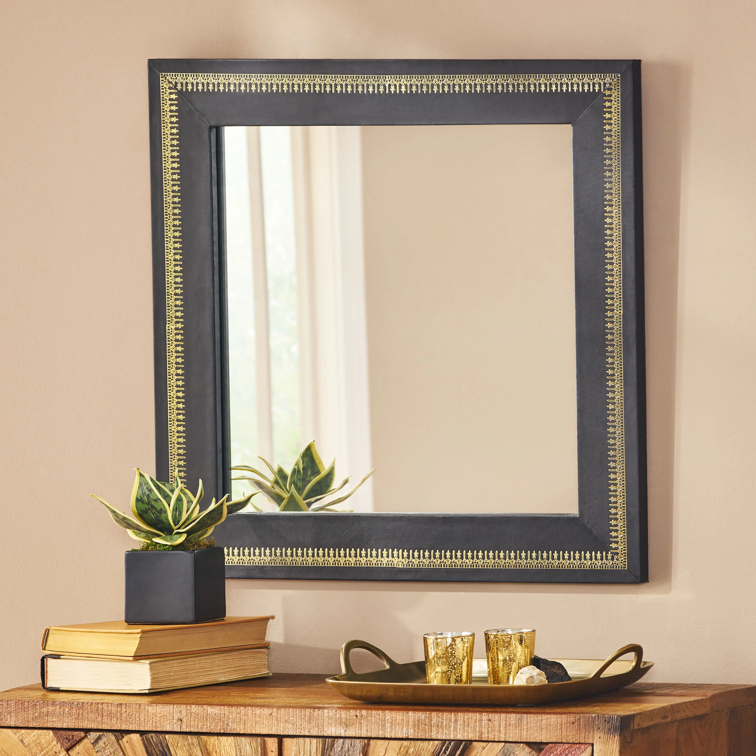 Crowe Handcrafted Boho Embossed Leather Square Wall Mirror - furnishings