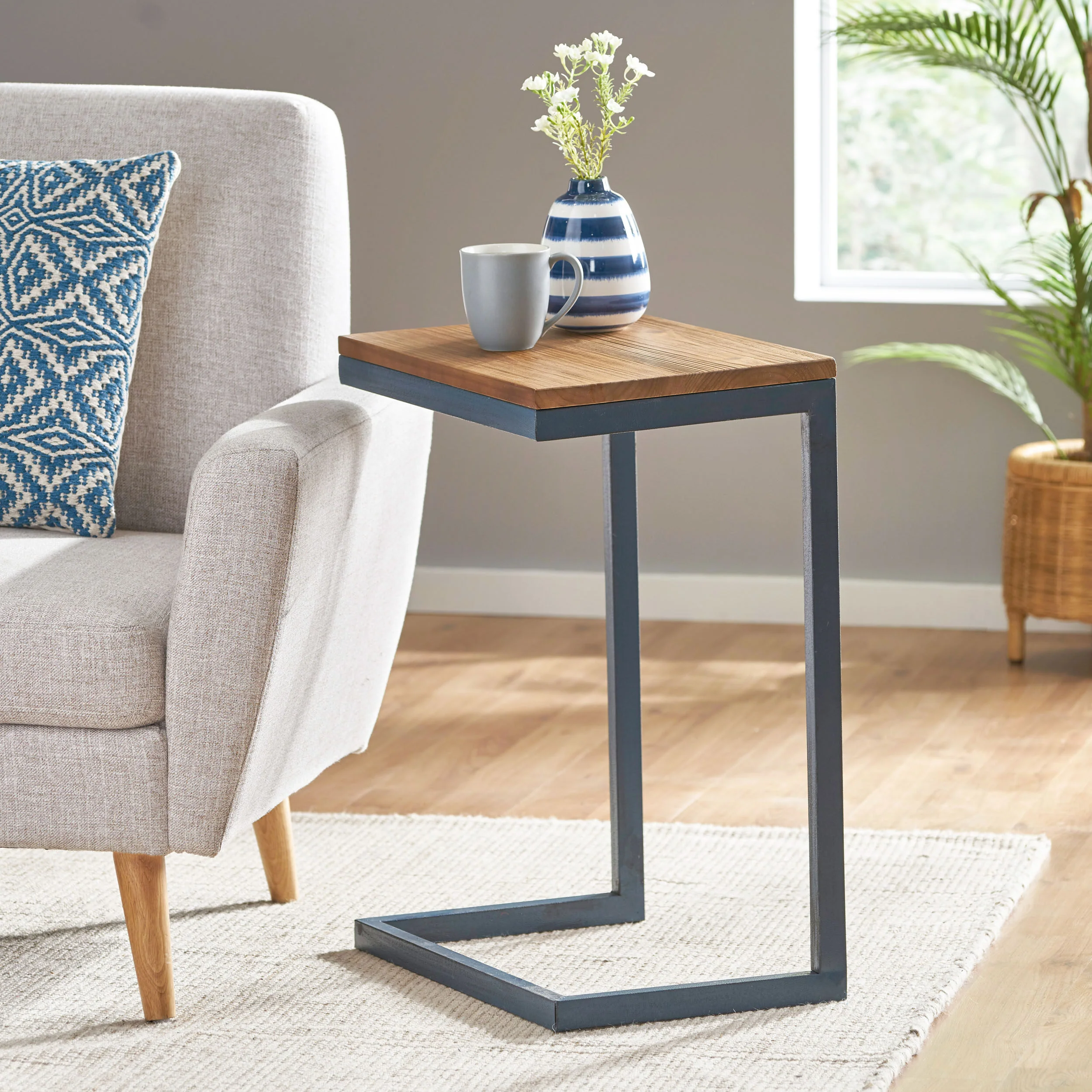 Ramona Modern Industrial Firwood C-Shaped Accent Side Table with Iron Frame - furnishings