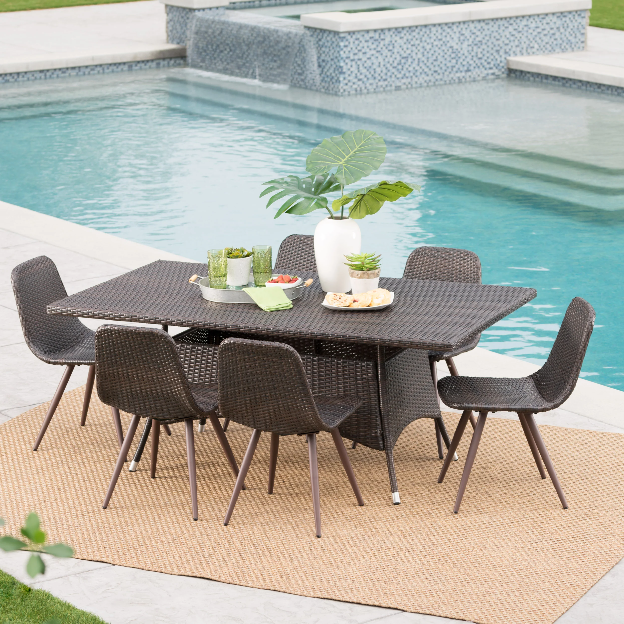 Hendrickson Outdoor 7 Piece Multi-brown Wicker Rectangular Dining Set - furnishings
