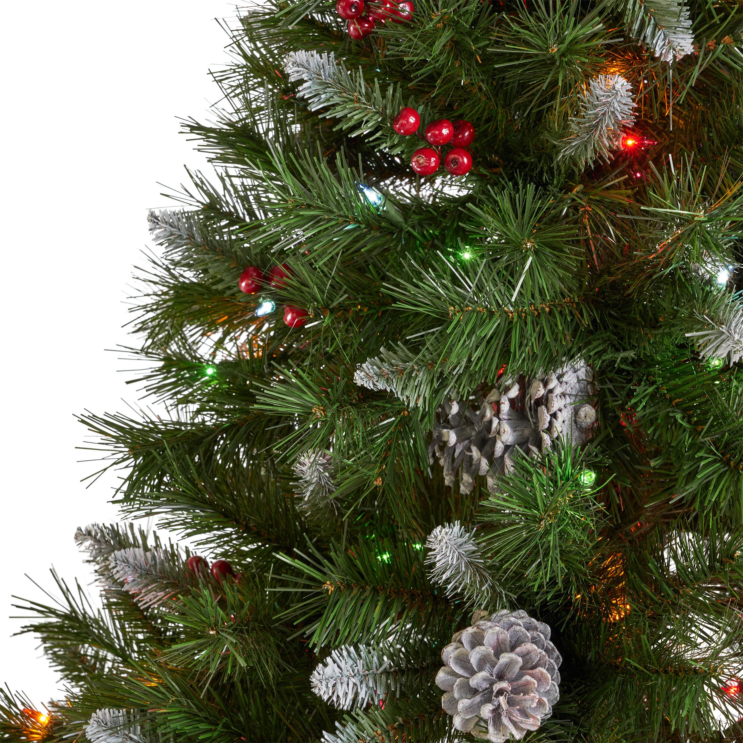7-foot Mixed Spruce Hinged Artificial Christmas Tree with Frosted Branches, Red Berries, and Frosted Pinecones - furnishings