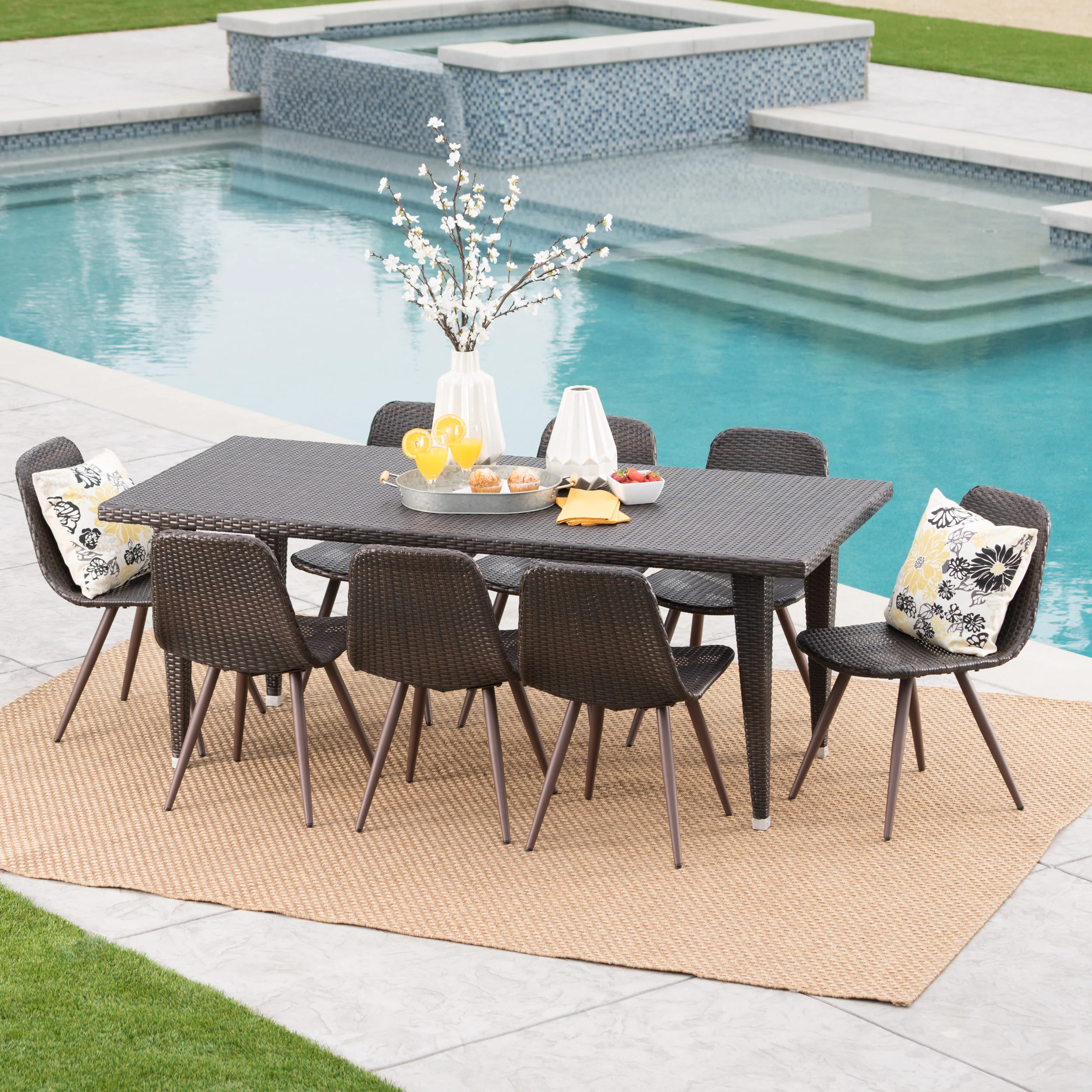 Luka Outdoor 9 Piece Multi-brown Wicker 73.5 Inch Rectangular Dining Set - furnishings