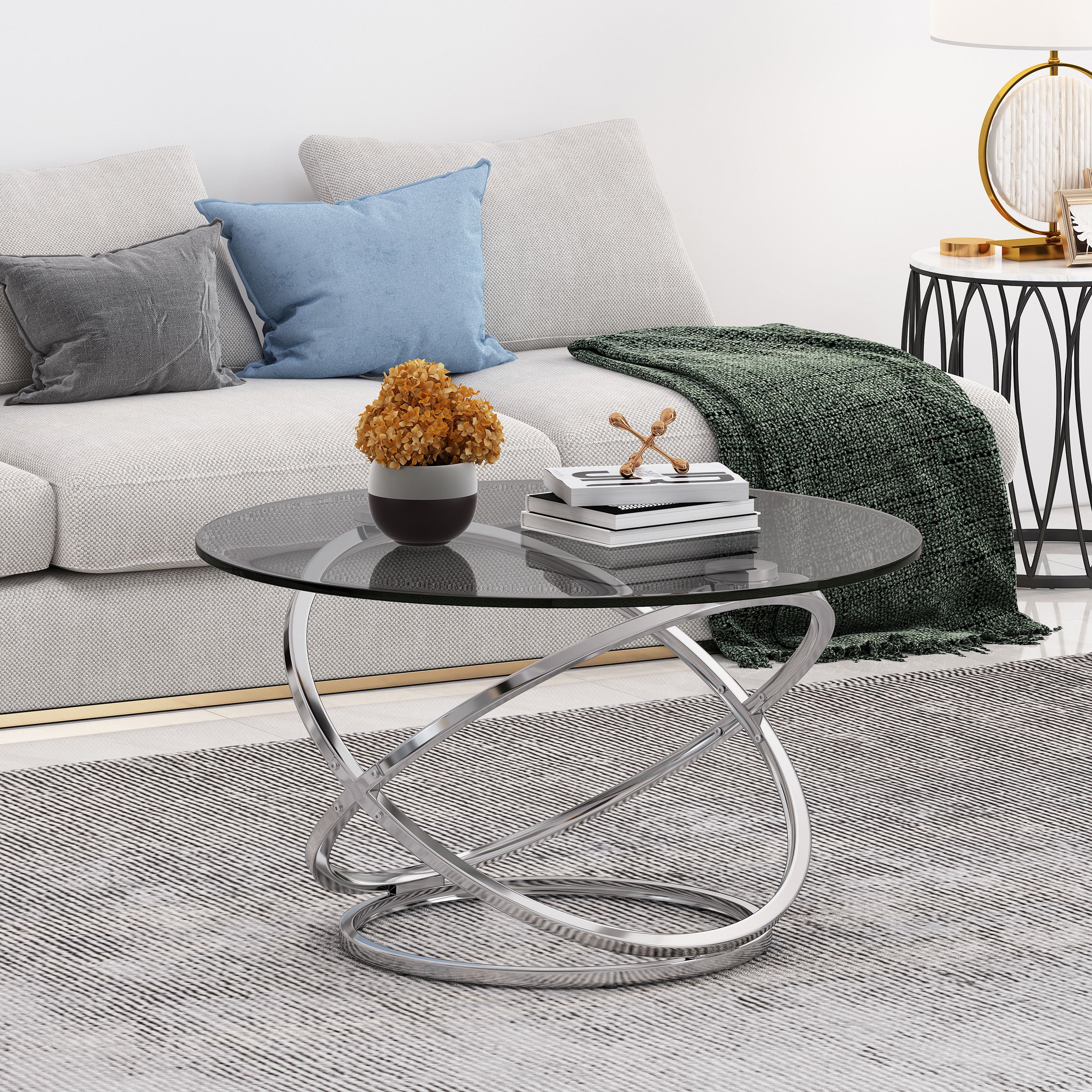 Hearney Modern Glass Top Round Coffee Table, Gray and Chrome - furnishings
