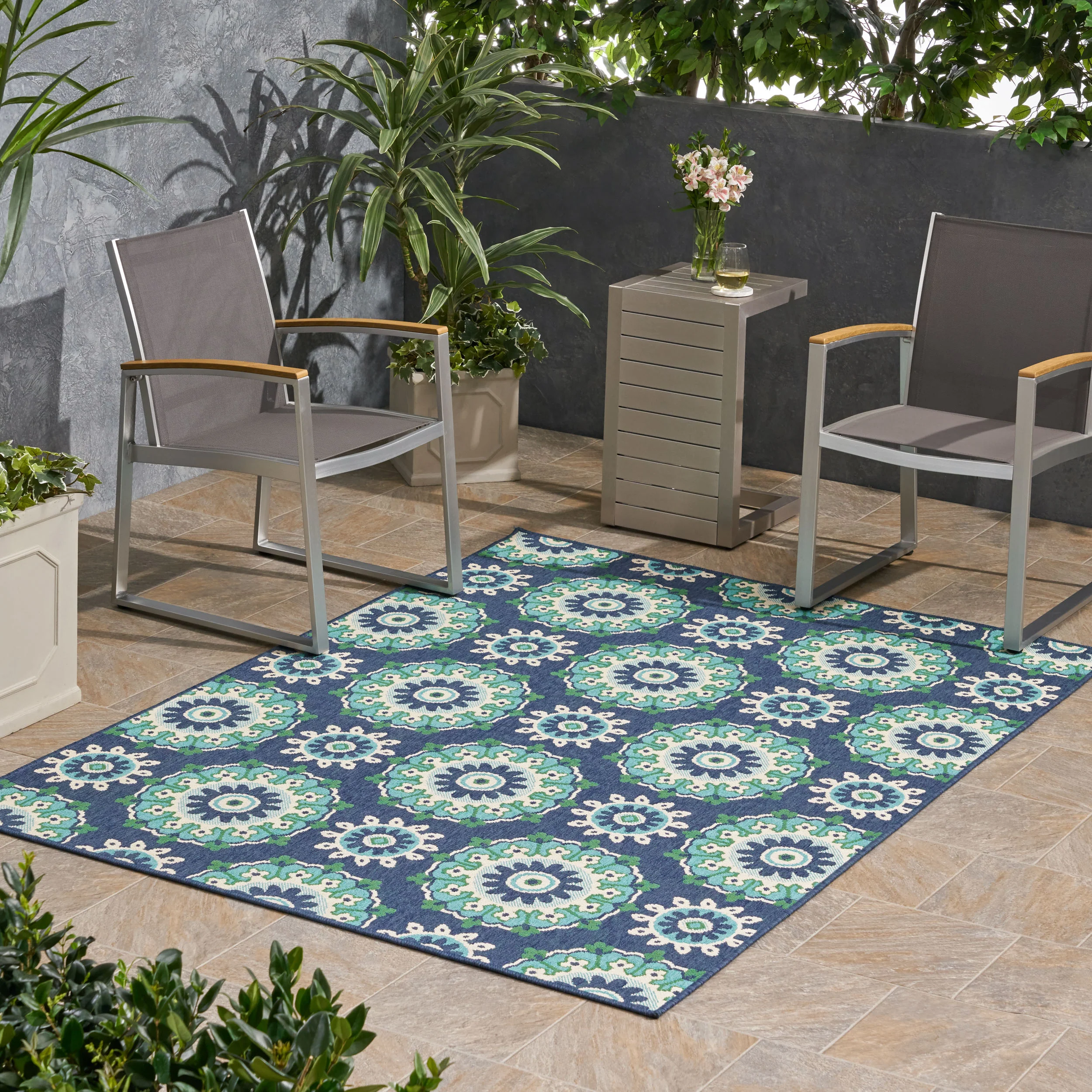 Arlene Outdoor Medallion Area Rug, Navy and Green - furnishings