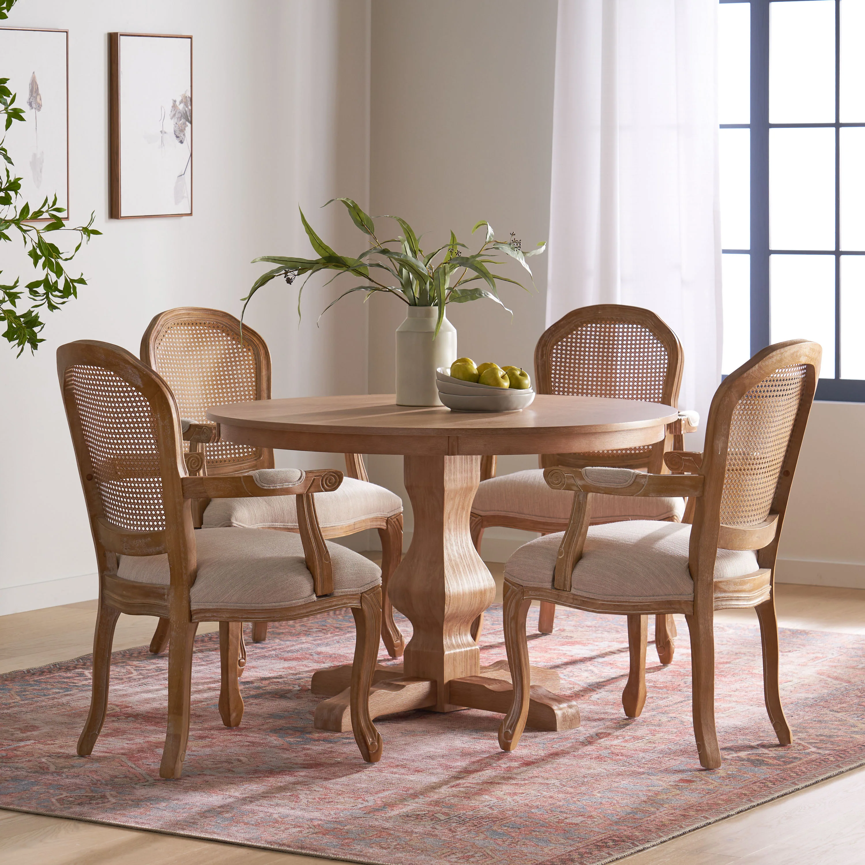 Ardyce French Country Fabric Upholstered Wood and Cane 5 Piece Circular Dining Set - furnishings