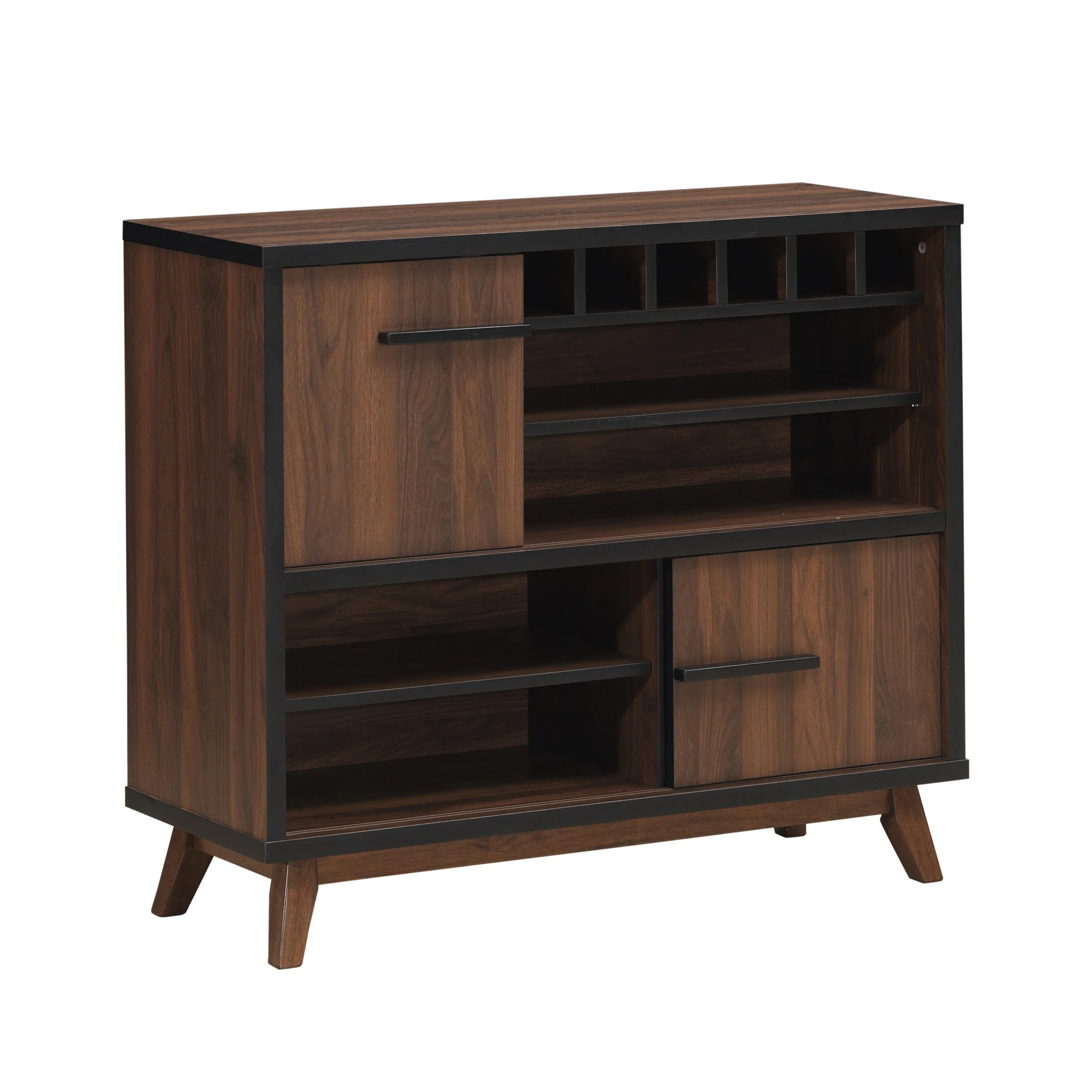 Rowell Modern Industrial Wooden 6 Bottle Wine Cabinet, Walnut, Black, and Dark Brown - furnishings