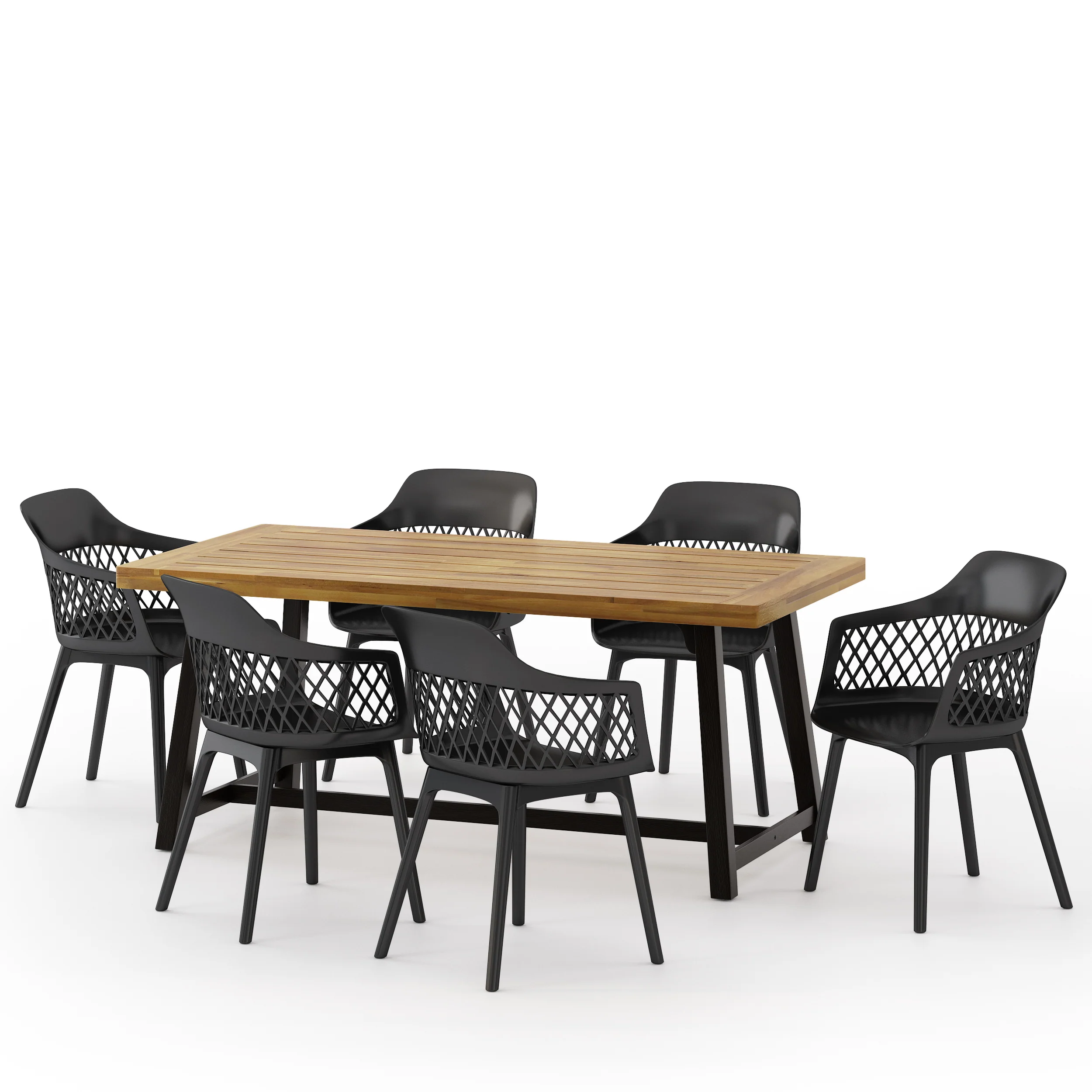 Renata Outdoor Wood and Resin 7 Piece Dining Set, Black and Sandblasted Teak - furnishings